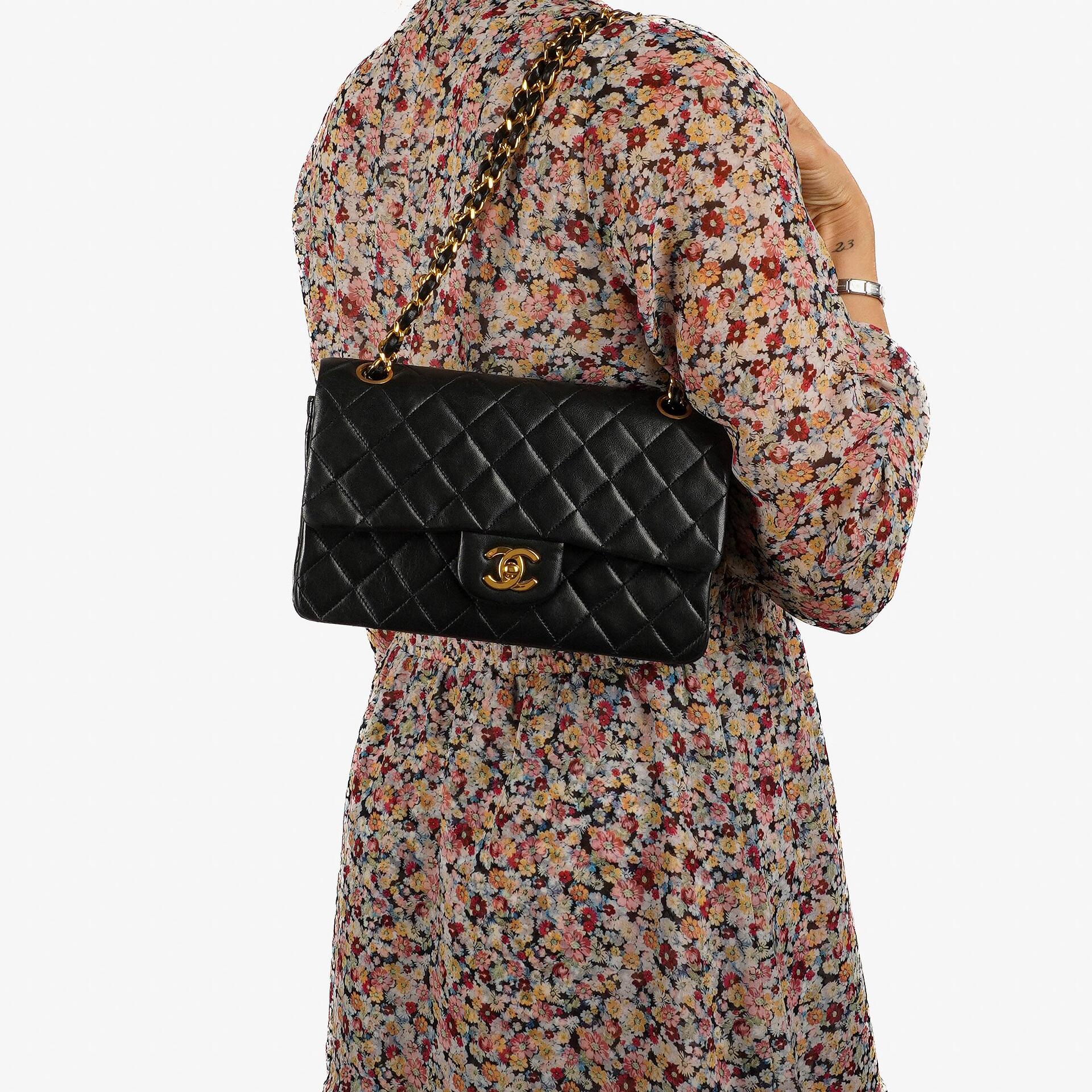 Chanel Small Classic Vintage Black Quilted Lambskin Double Flap Bag With 24K Gold-Plated Hardware