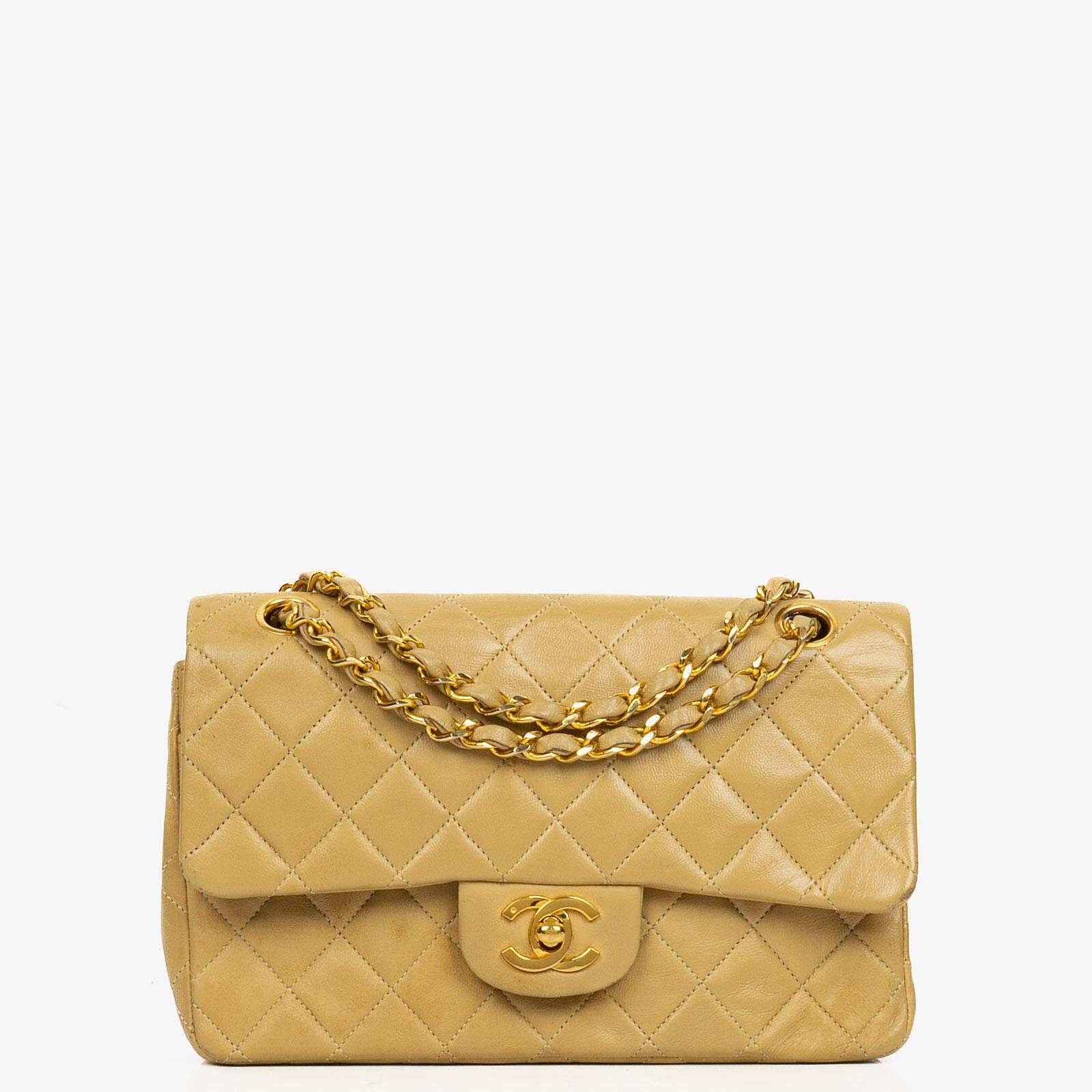Chanel Small Classic Vintage Double Flap Bag Beige Quilted Lambskin 24K Gold-Plated Hardware