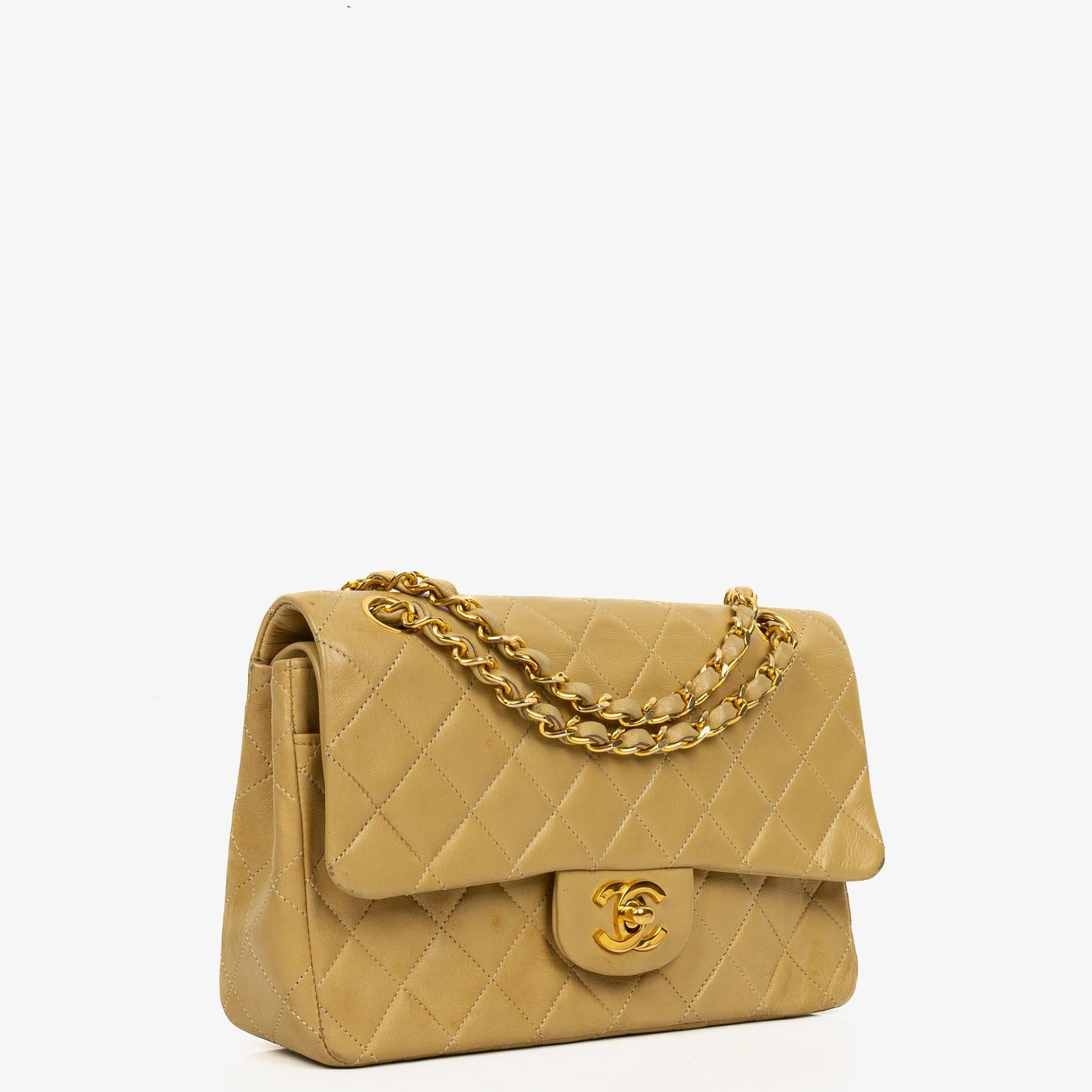 Chanel Small Classic Vintage Double Flap Bag Beige Quilted Lambskin 24K Gold-Plated Hardware