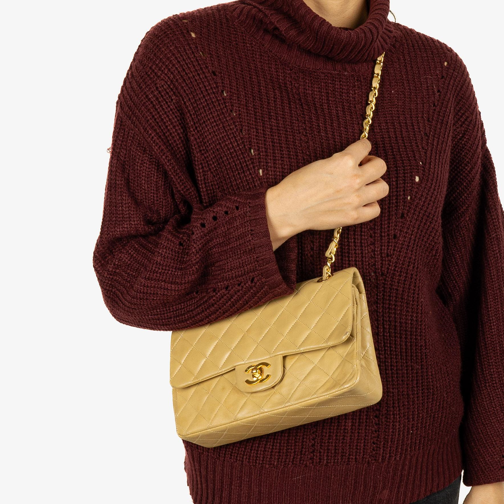 Chanel Small Classic Vintage Double Flap Bag Beige Quilted Lambskin 24K Gold-Plated Hardware