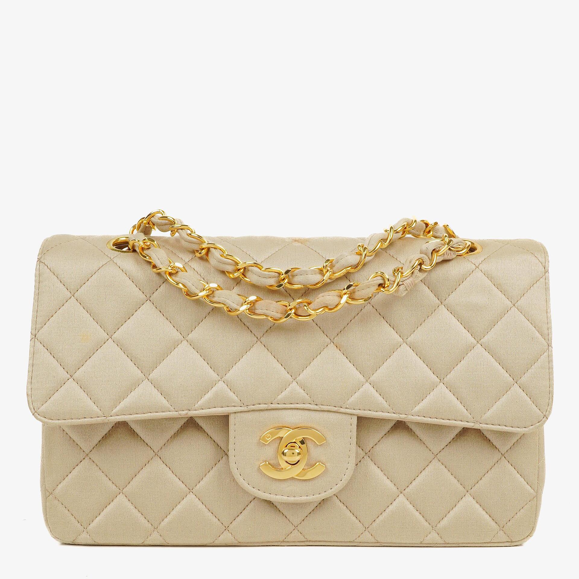 Chanel Small Classic Vintage Double Flap Bag Beige Satin 24K Gold-Plated Hardware