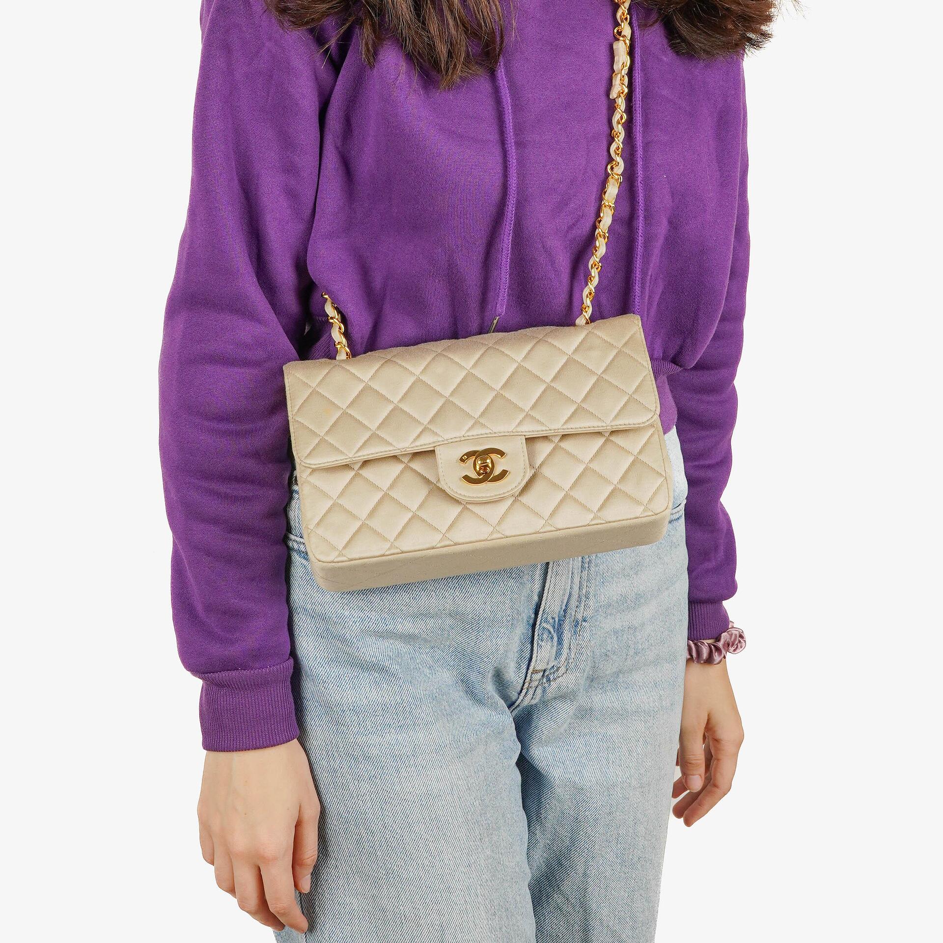 Chanel Small Classic Vintage Double Flap Bag Beige Satin 24K Gold-Plated Hardware