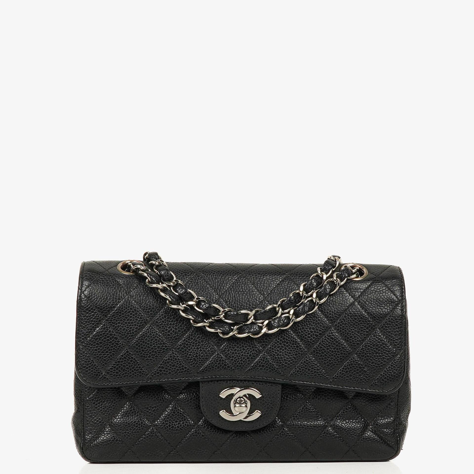 Chanel Small Classic Vintage Double Flap Bag Black Quilted Caviar With Silver-Tone Hardware