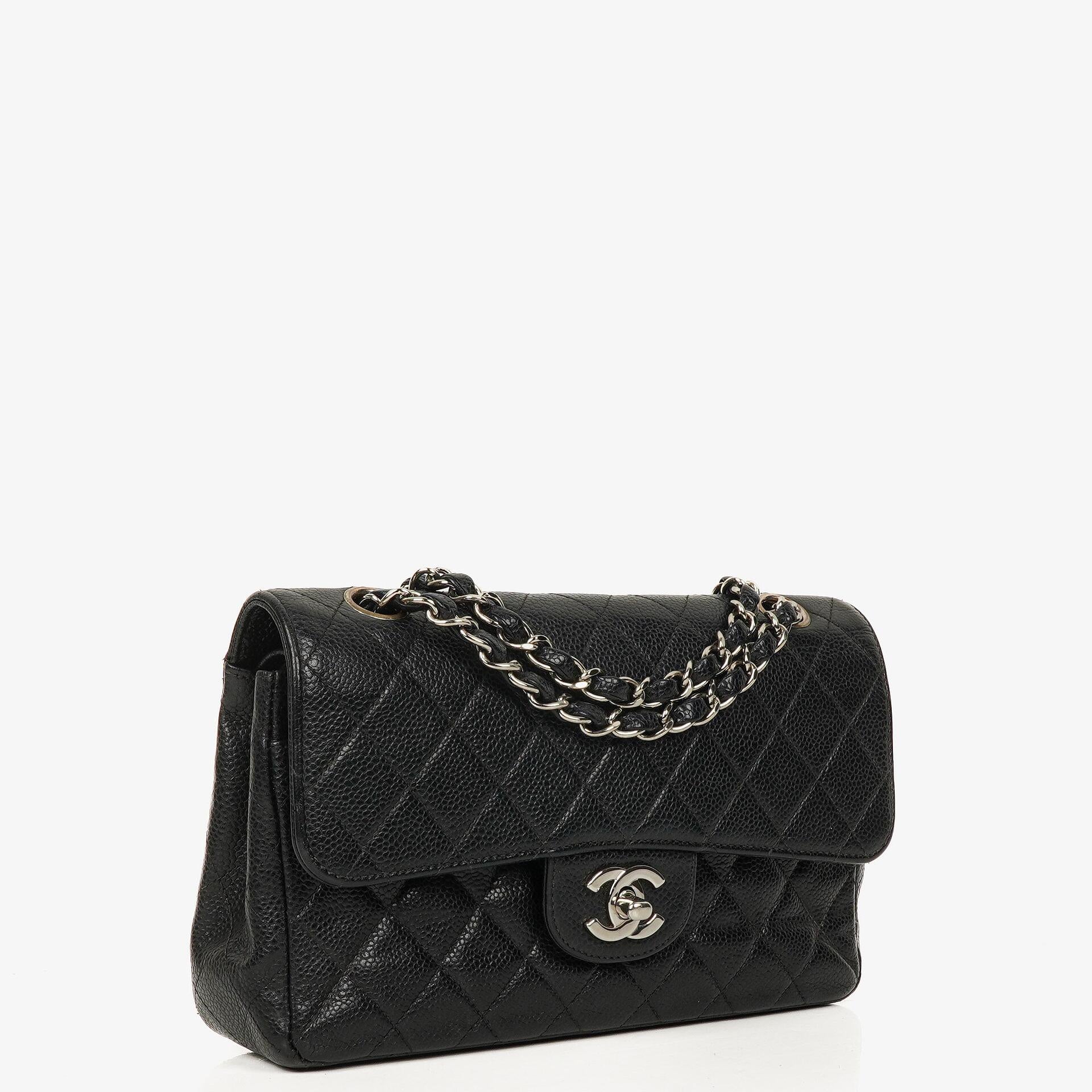 Chanel Small Classic Vintage Double Flap Bag Black Quilted Caviar With Silver-Tone Hardware