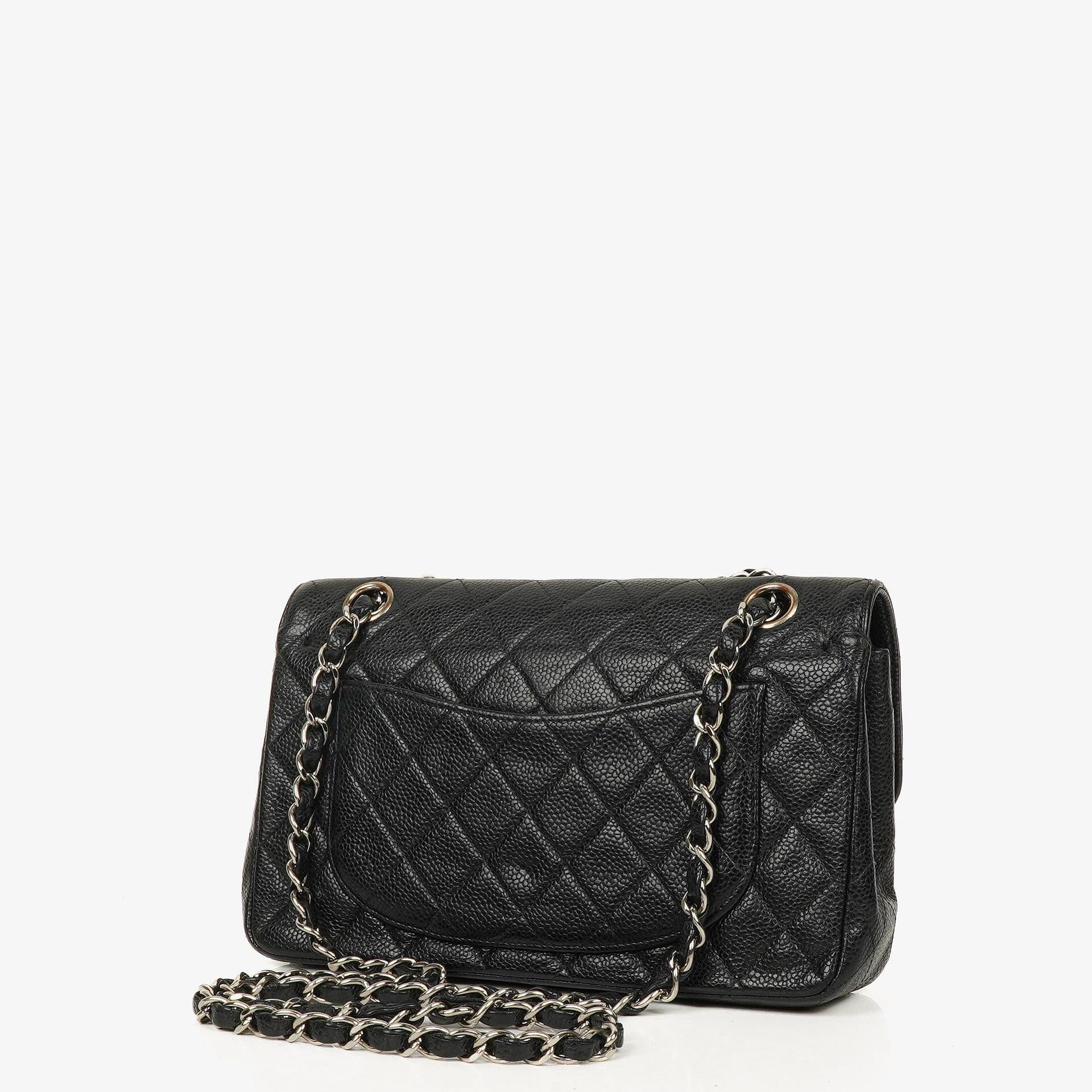Chanel Small Classic Vintage Double Flap Bag Black Quilted Caviar With Silver-Tone Hardware