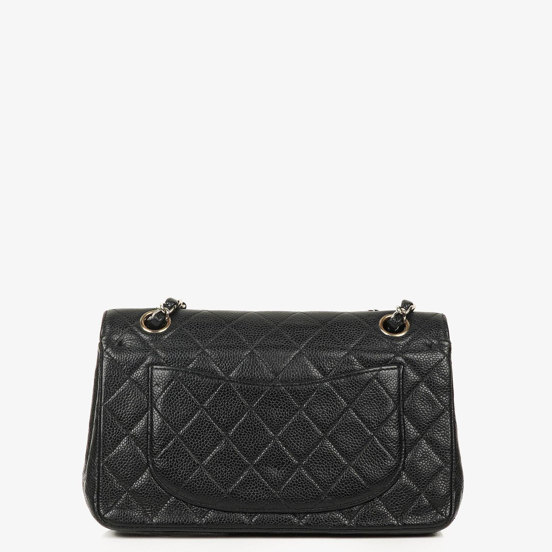 Chanel Small Classic Vintage Double Flap Bag Black Quilted Caviar With Silver-Tone Hardware
