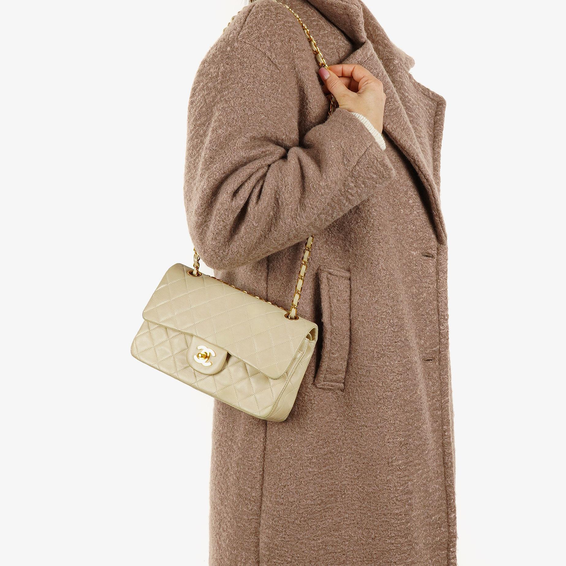 Chanel Small Classic Vintage Double Flap Bag Neutral Quilted Lambskin 24K Gold-Plated Hardware