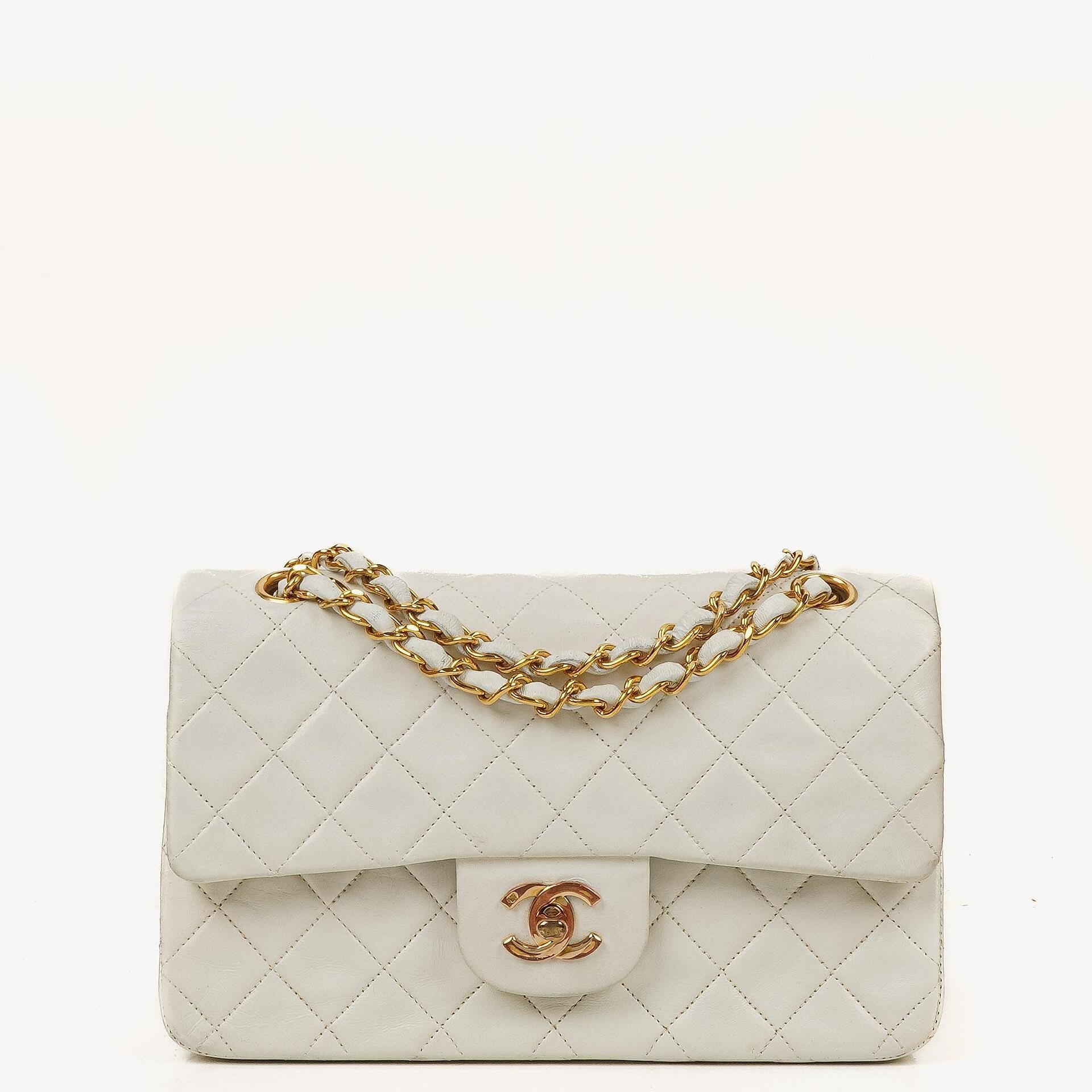 Chanel Small Classic Vintage Double Flap Bag White Quilted Lambskin 24K Gold-Plated Hardware