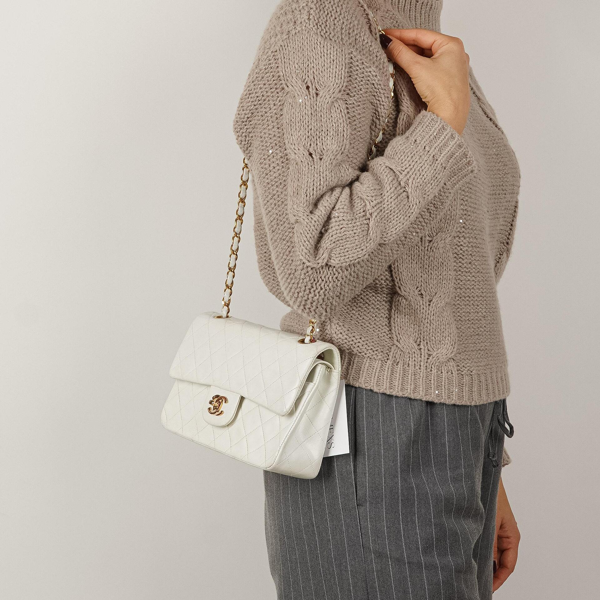 Chanel Small Classic Vintage Double Flap Bag White Quilted Lambskin 24K Gold-Plated Hardware
