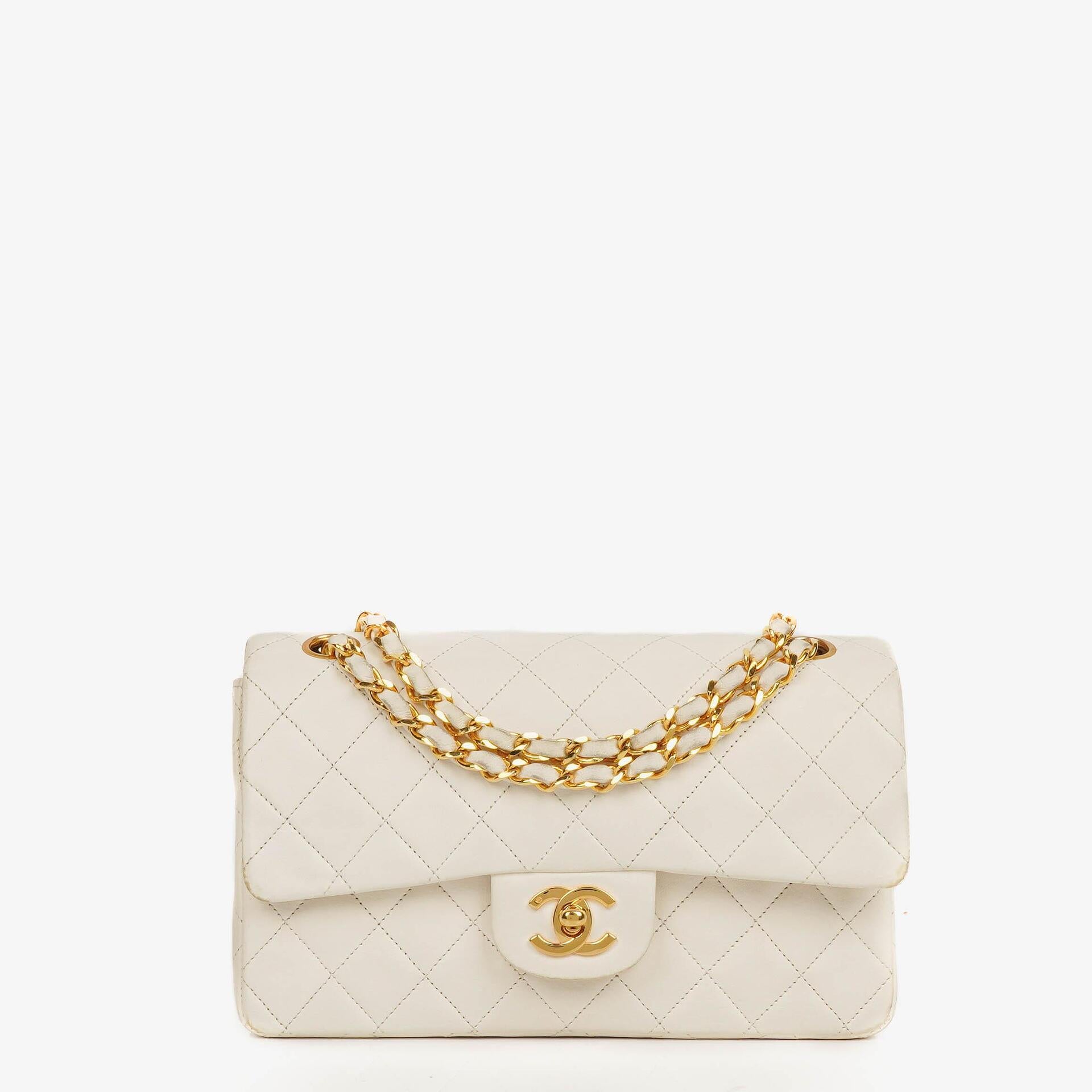 Chanel Small Classic Vintage Double Flap Bag White Quilted Lambskin With 24K Gold-Plated Hardware