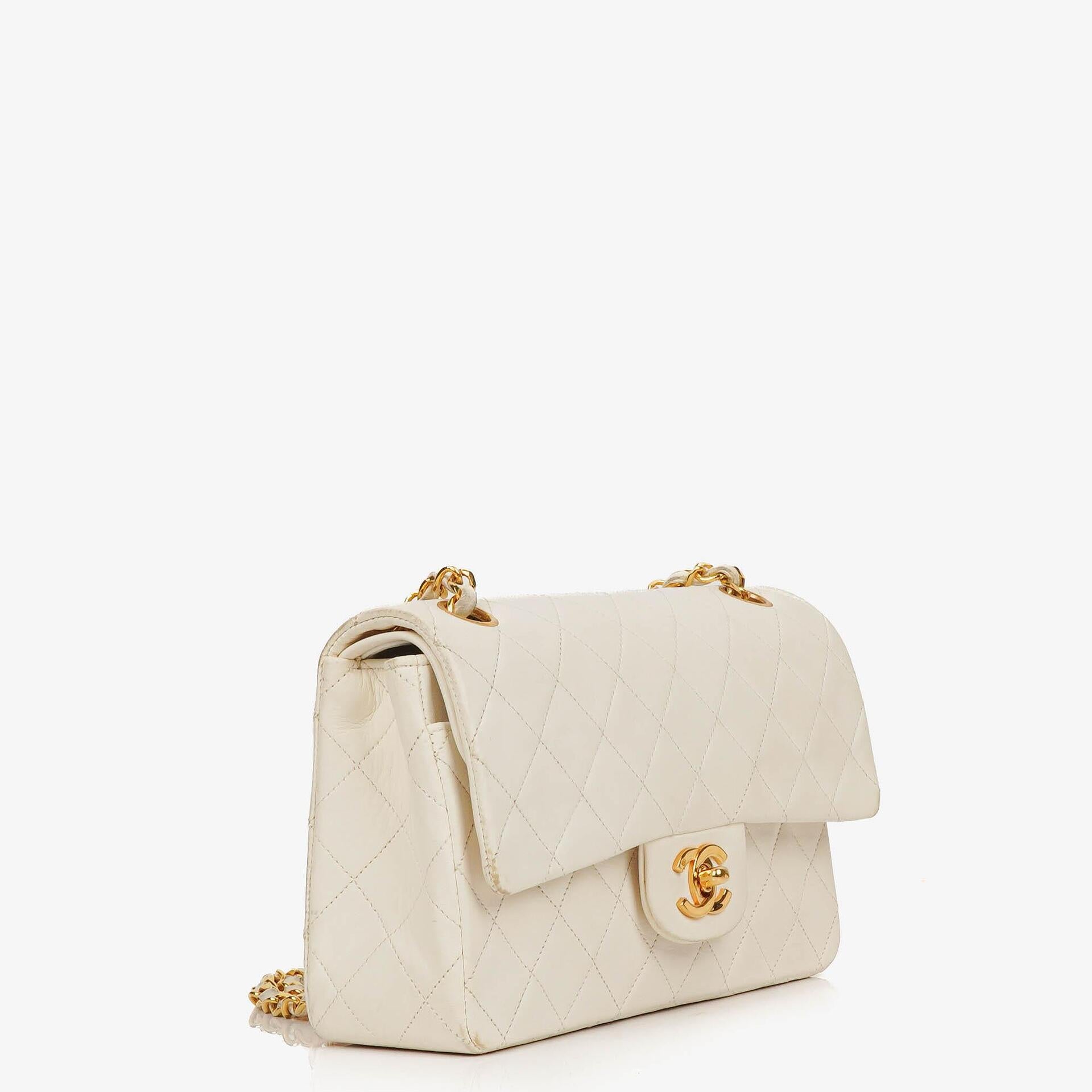 Chanel Small Classic Vintage Double Flap Bag White Quilted Lambskin With 24K Gold-Plated Hardware