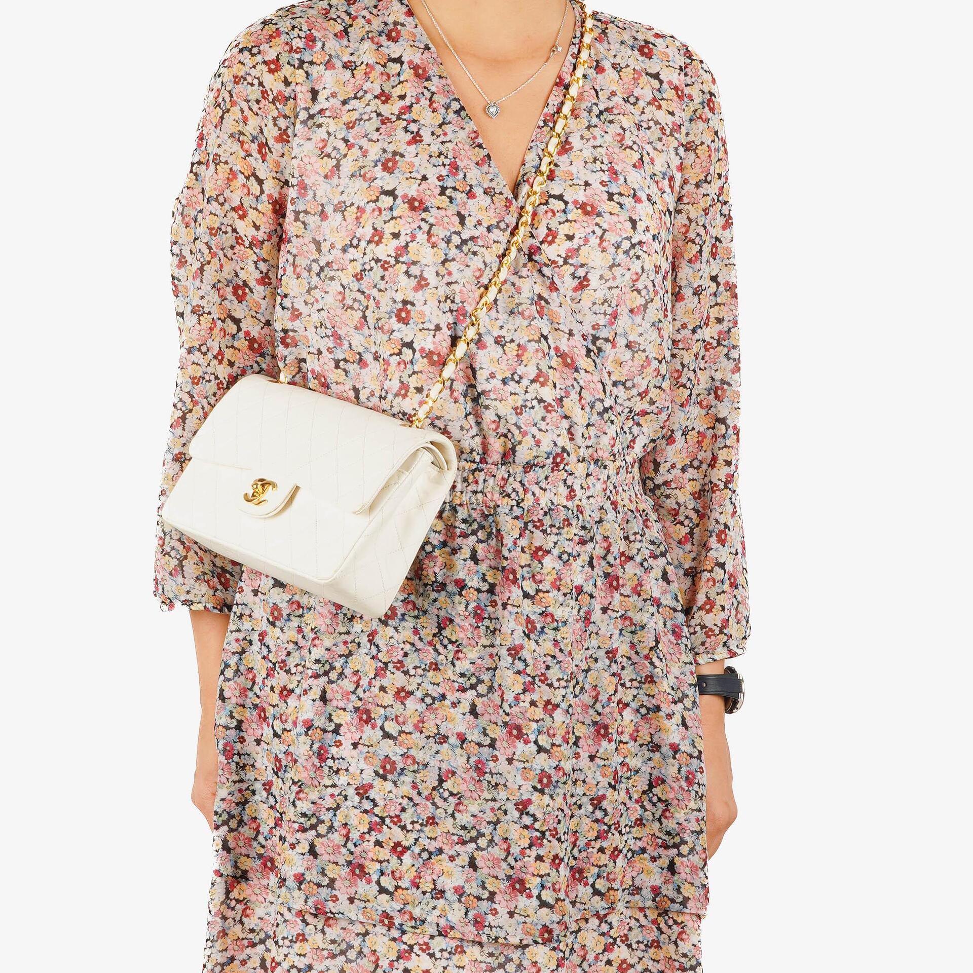 Chanel Small Classic Vintage Double Flap Bag White Quilted Lambskin With 24K Gold-Plated Hardware