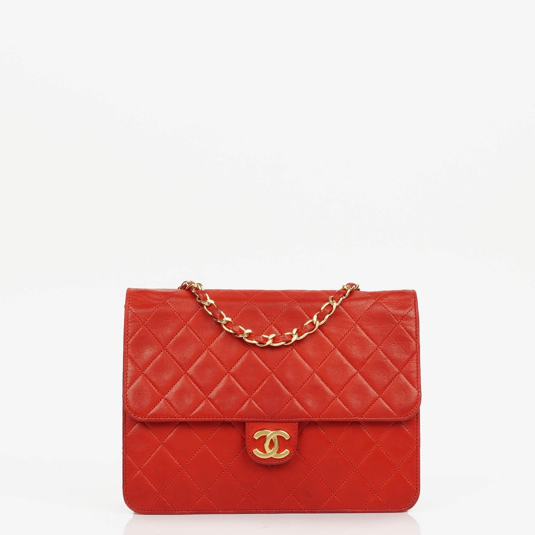 Chanel Small Classic Vintage Red Quilted Lambskin Single Flap Bag With 24K Gold-Plated Hardware