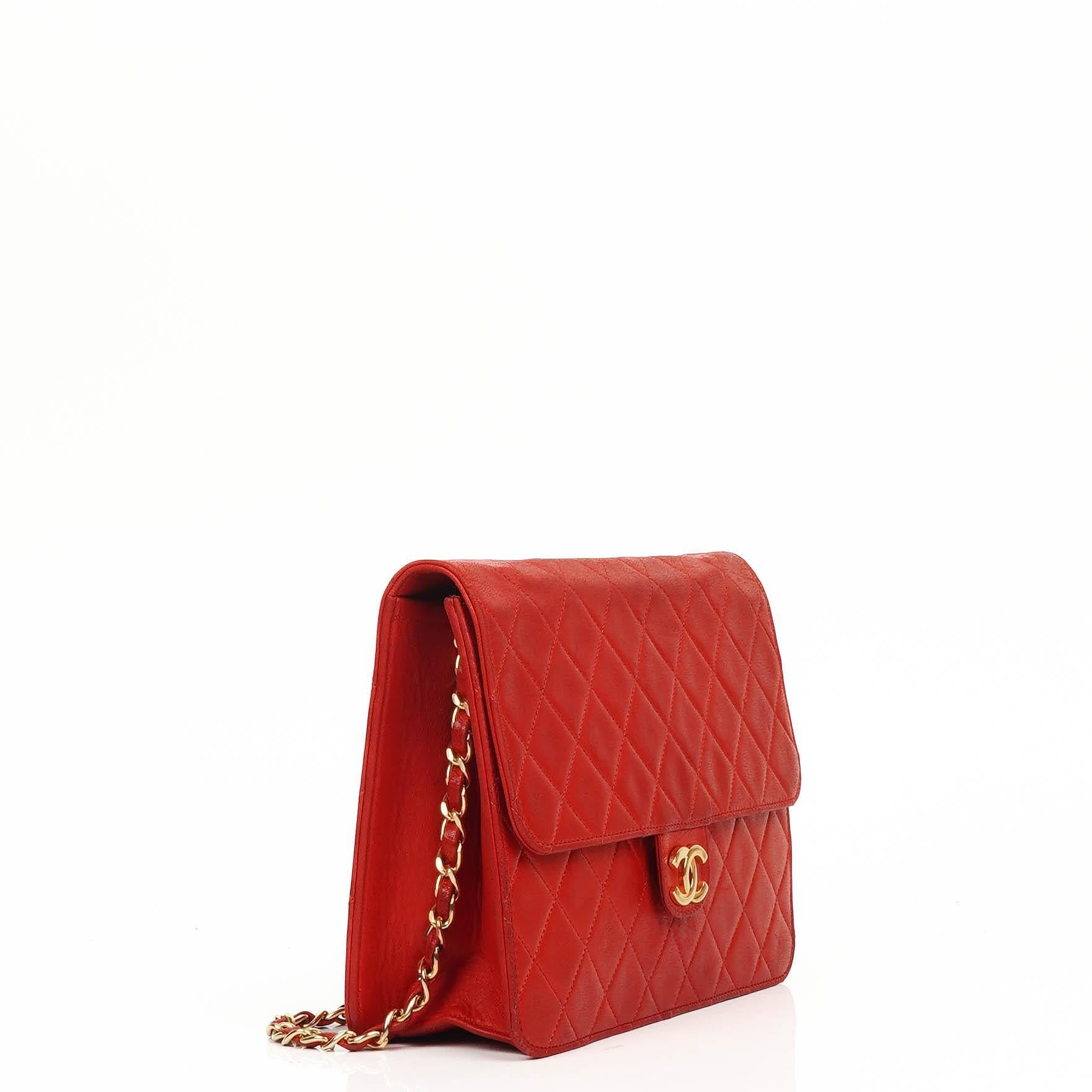 Chanel Small Classic Vintage Red Quilted Lambskin Single Flap Bag With 24K Gold-Plated Hardware