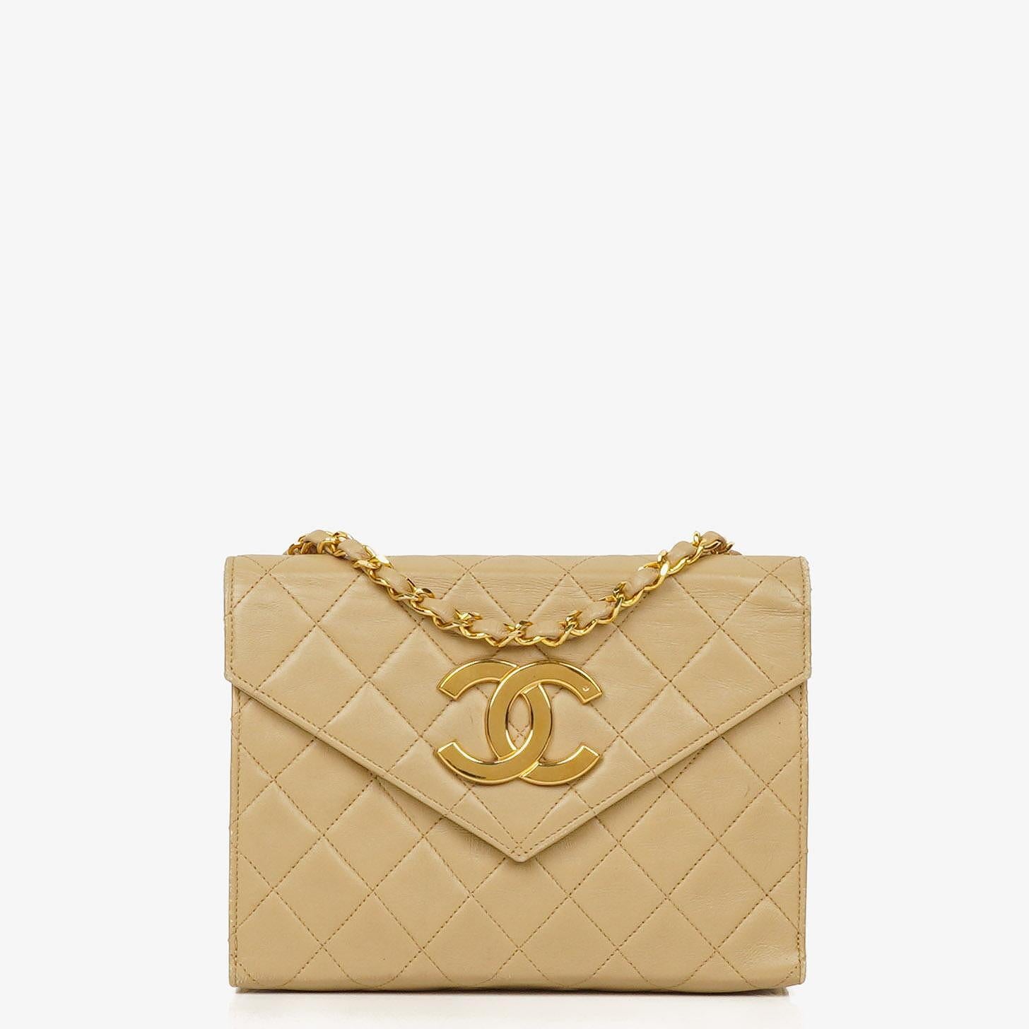 Chanel Small Envelope Maxi CC Logo Flap Bag Beige Quilted Lambskin With 24K Gold-Plated Hardware