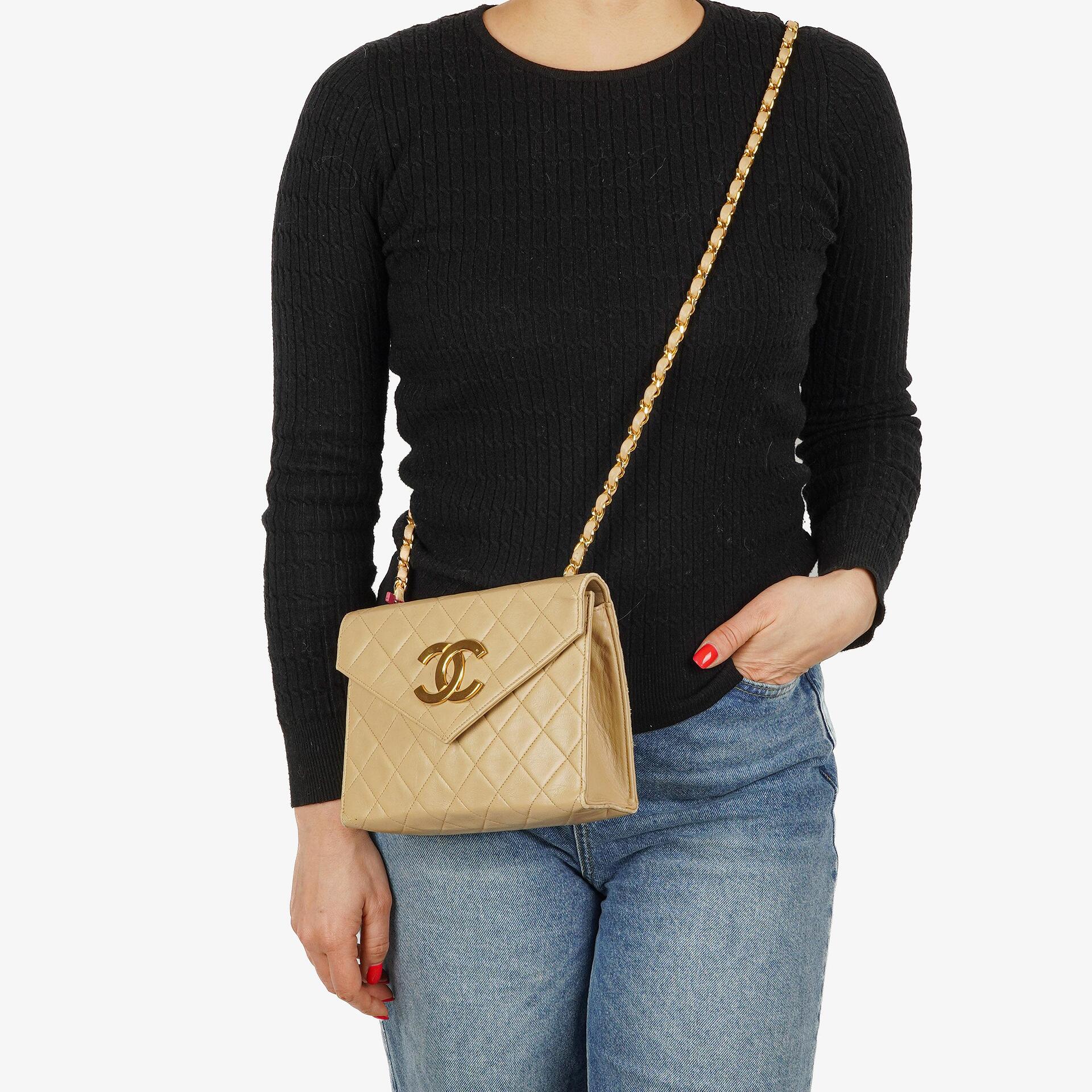 Chanel Small Envelope Maxi CC Logo Flap Bag Beige Quilted Lambskin With 24K Gold-Plated Hardware