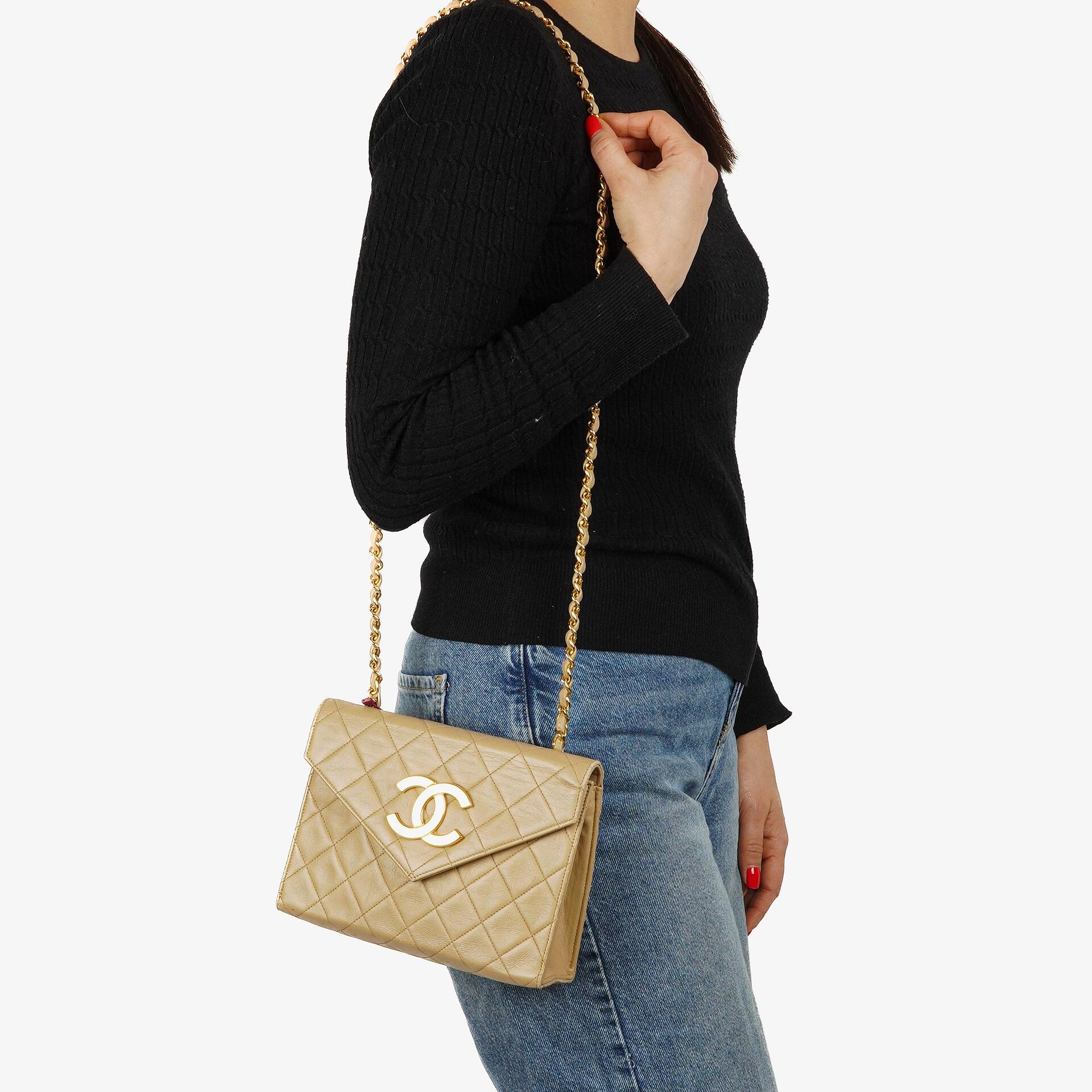 Chanel Small Envelope Maxi CC Logo Flap Bag Beige Quilted Lambskin With 24K Gold-Plated Hardware