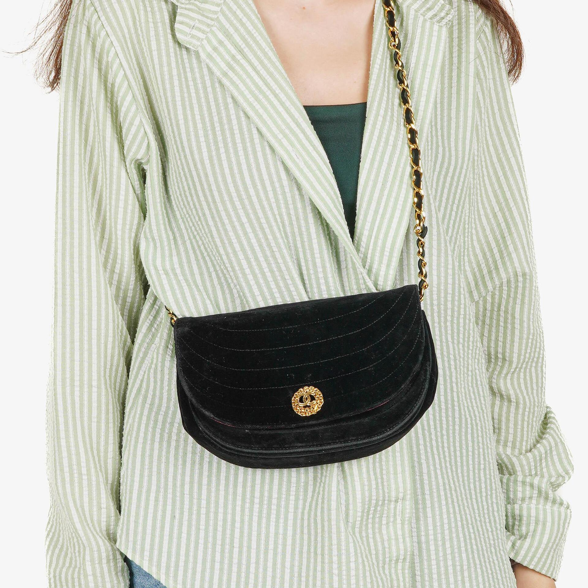 Chanel Small Half-Moon Black Velvet Flap Bag