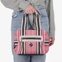 Chanel Small Striped CC Canvas Pink White Black Tote Bag