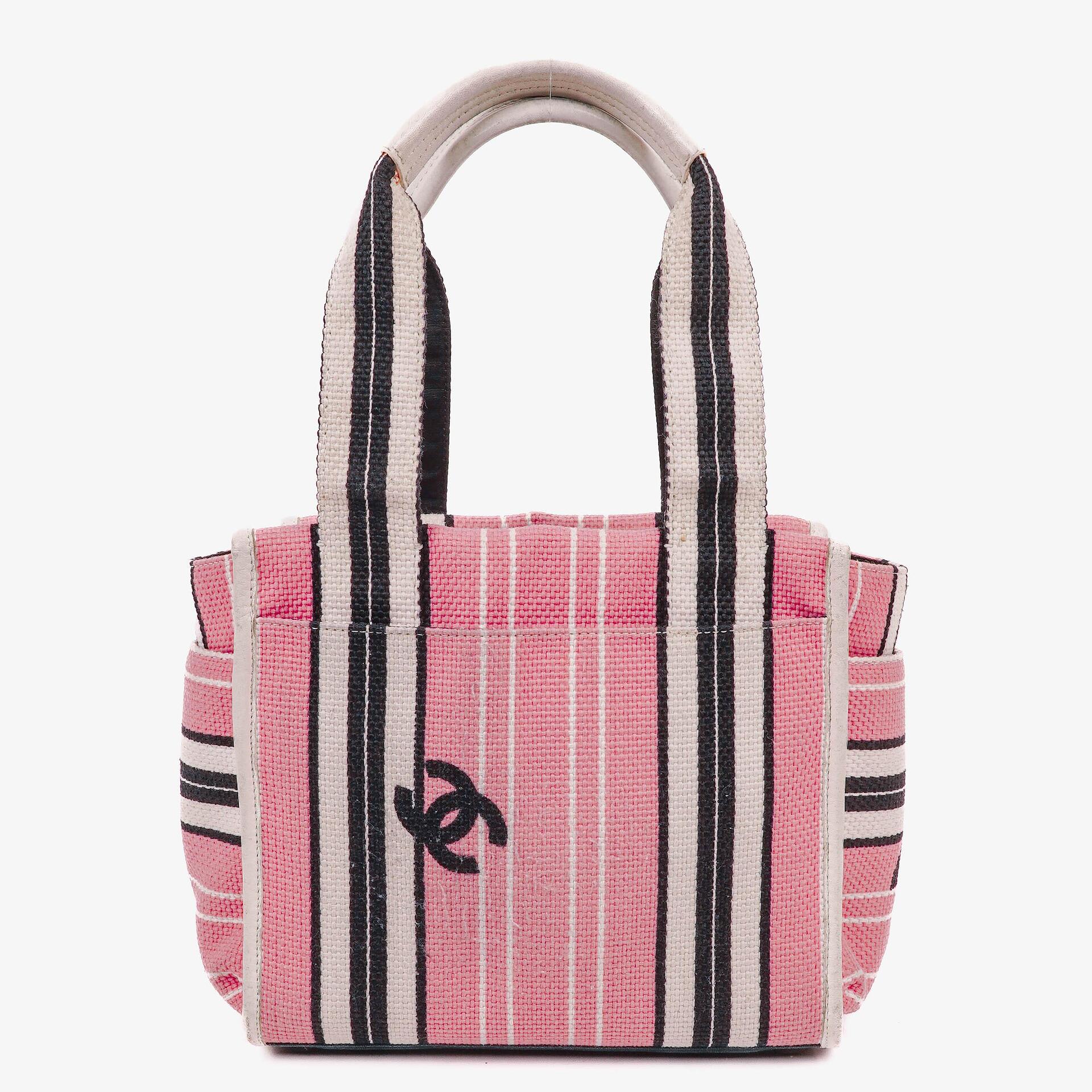 Chanel Small Striped CC Canvas Pink White Black Tote Bag