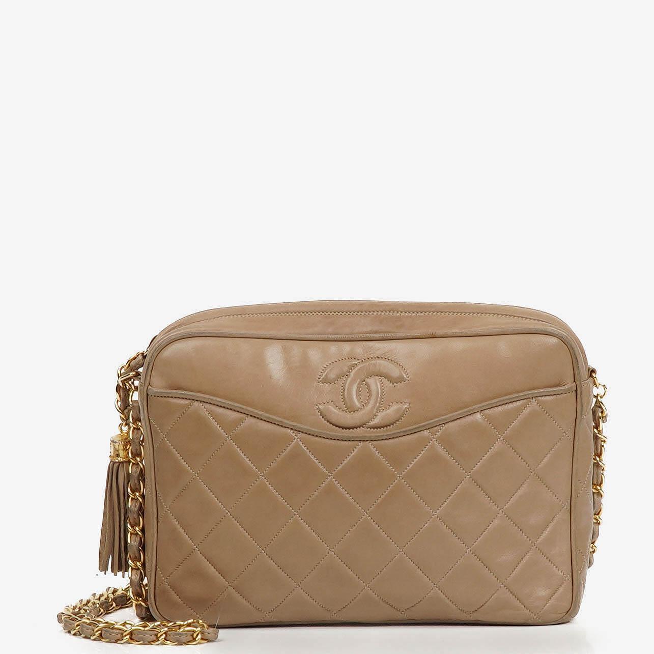 Chanel Vintage Camera Tassel Bag CC Front Pocket Beige Quilted Lambskin