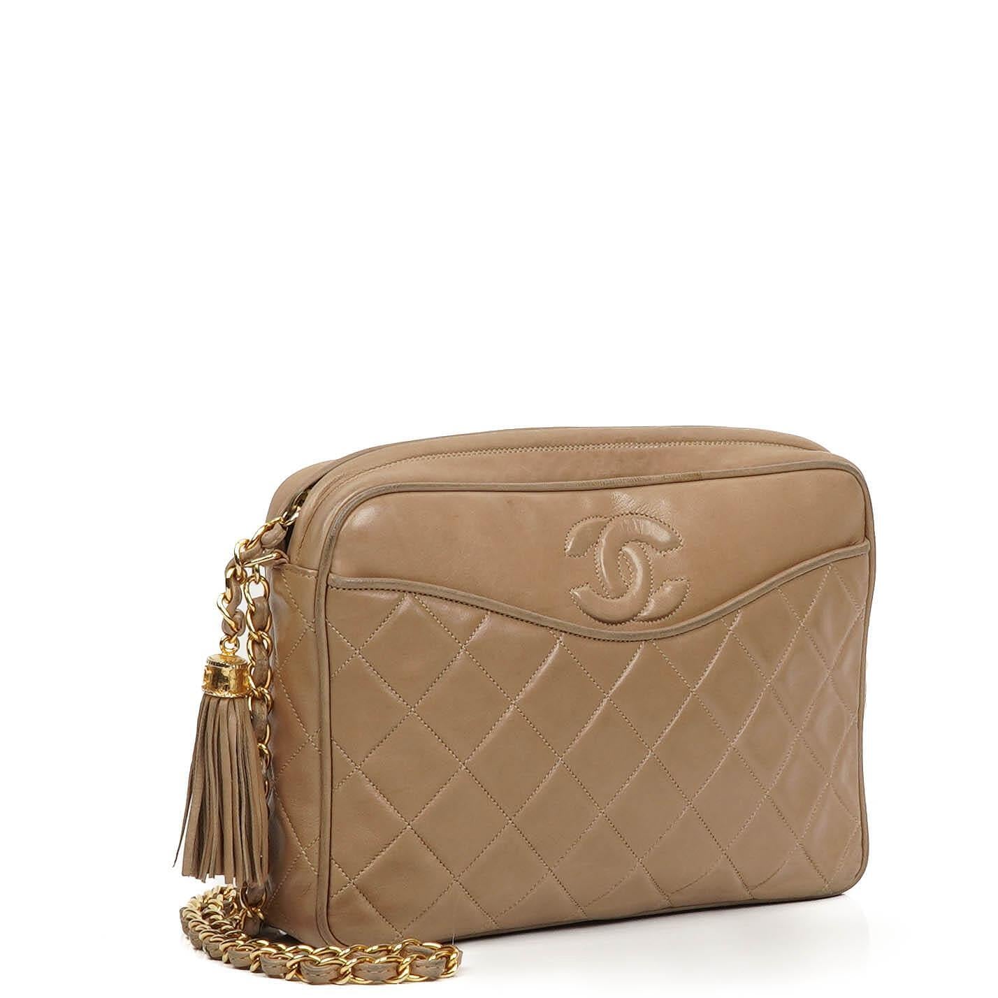 Chanel Vintage Camera Tassel Bag CC Front Pocket Beige Quilted Lambskin