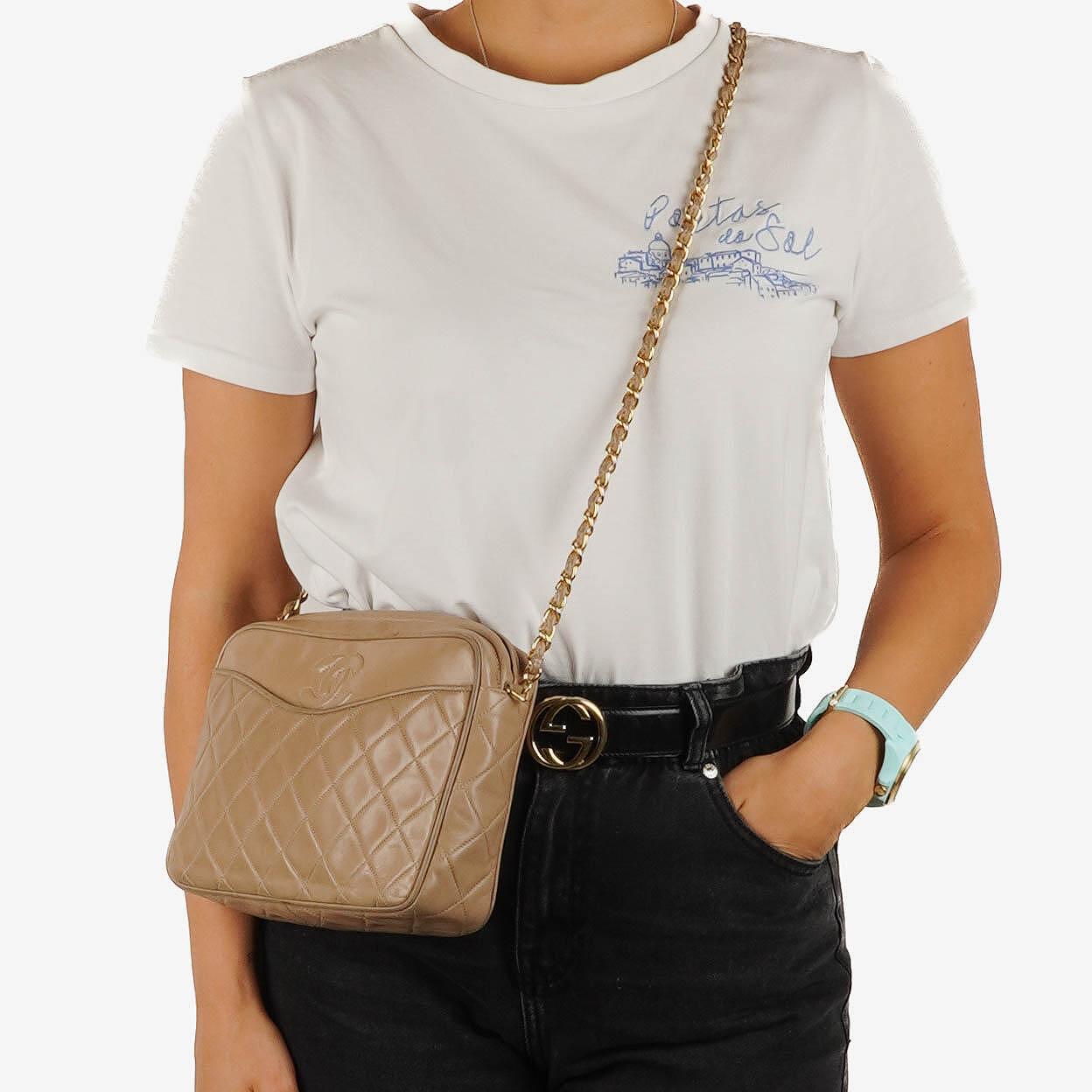 Chanel Vintage Camera Tassel Bag CC Front Pocket Beige Quilted Lambskin