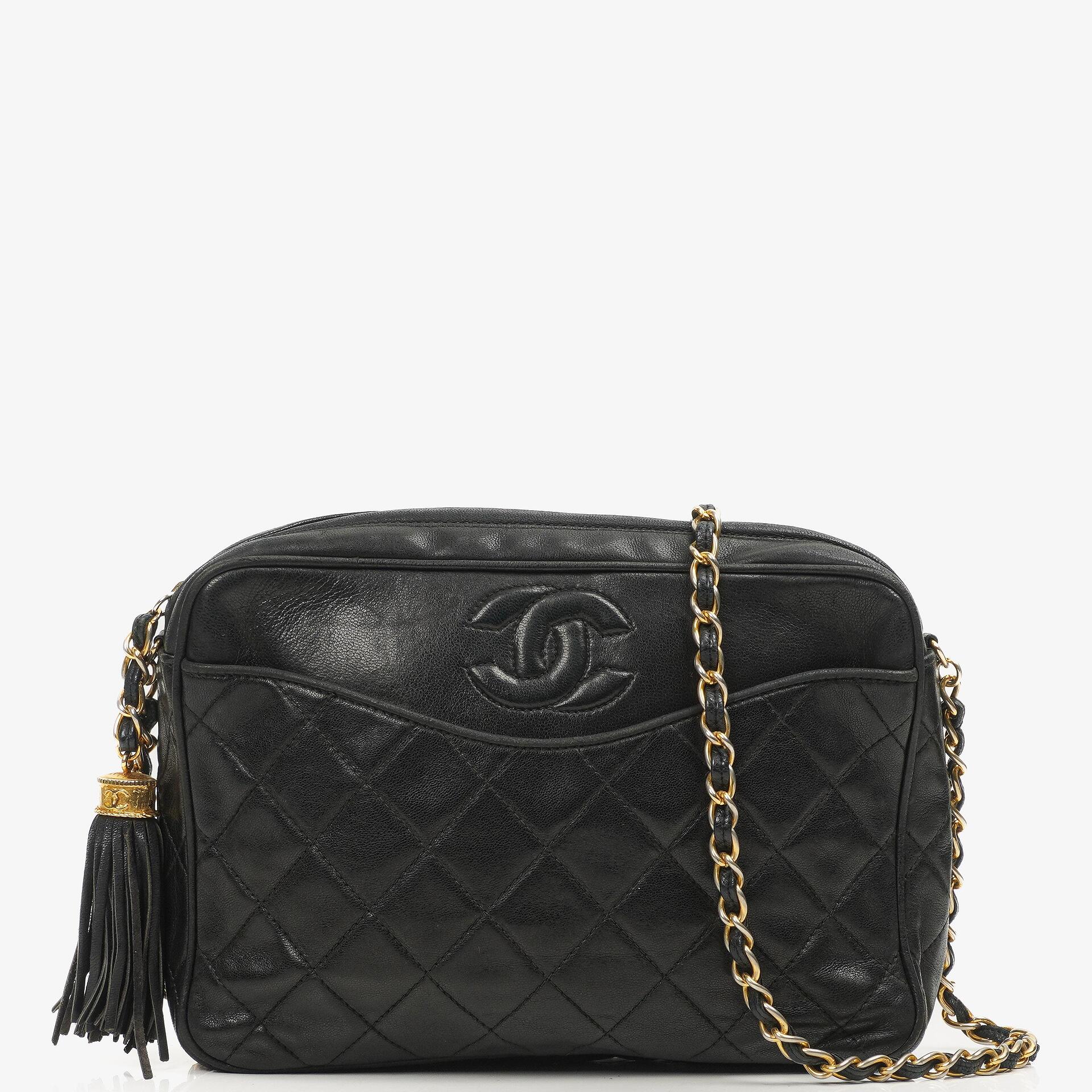 Chanel Vintage Camera Tassel Bag CC Front Pocket Black Quilted Lambskin