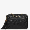 Chanel Vintage Camera Tassel Crossbody Bag CC Front Pocket Black Quilted Lambskin Medium, 1991-1994