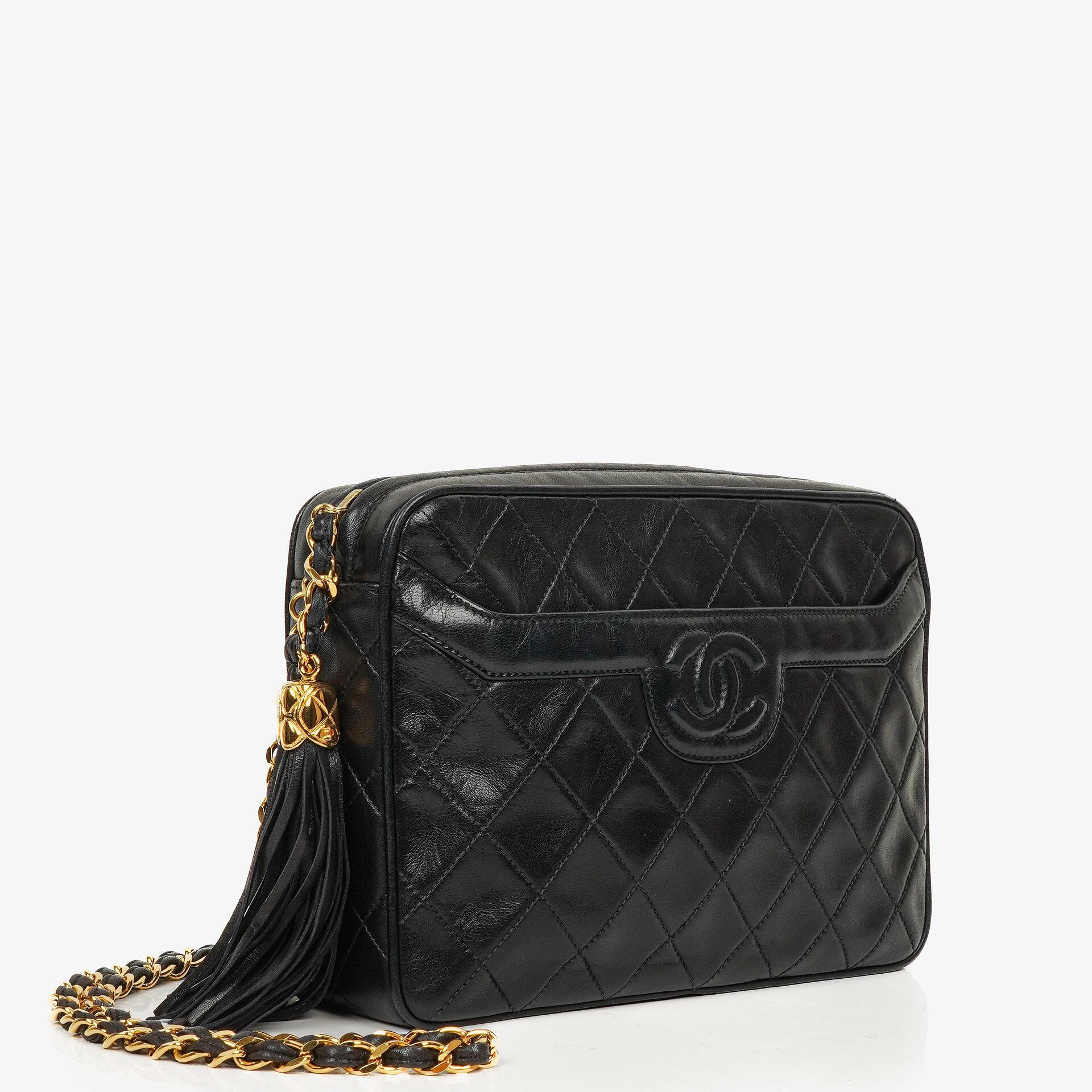 Chanel Vintage Camera Tassel Crossbody Bag CC Front Pocket Black Quilted Lambskin Medium, 1991-1994