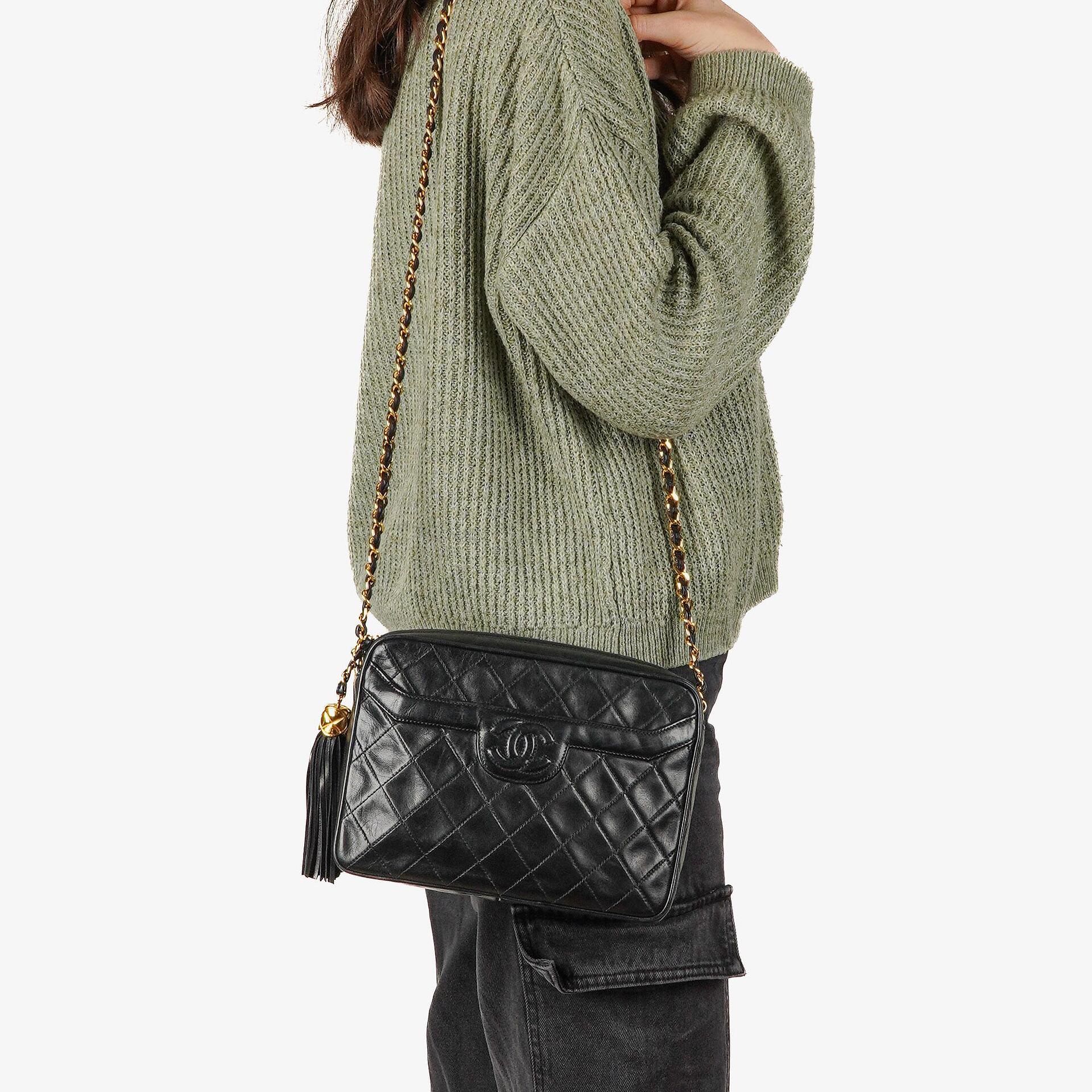 Chanel Vintage Camera Tassel Crossbody Bag CC Front Pocket Black Quilted Lambskin Medium, 1991-1994