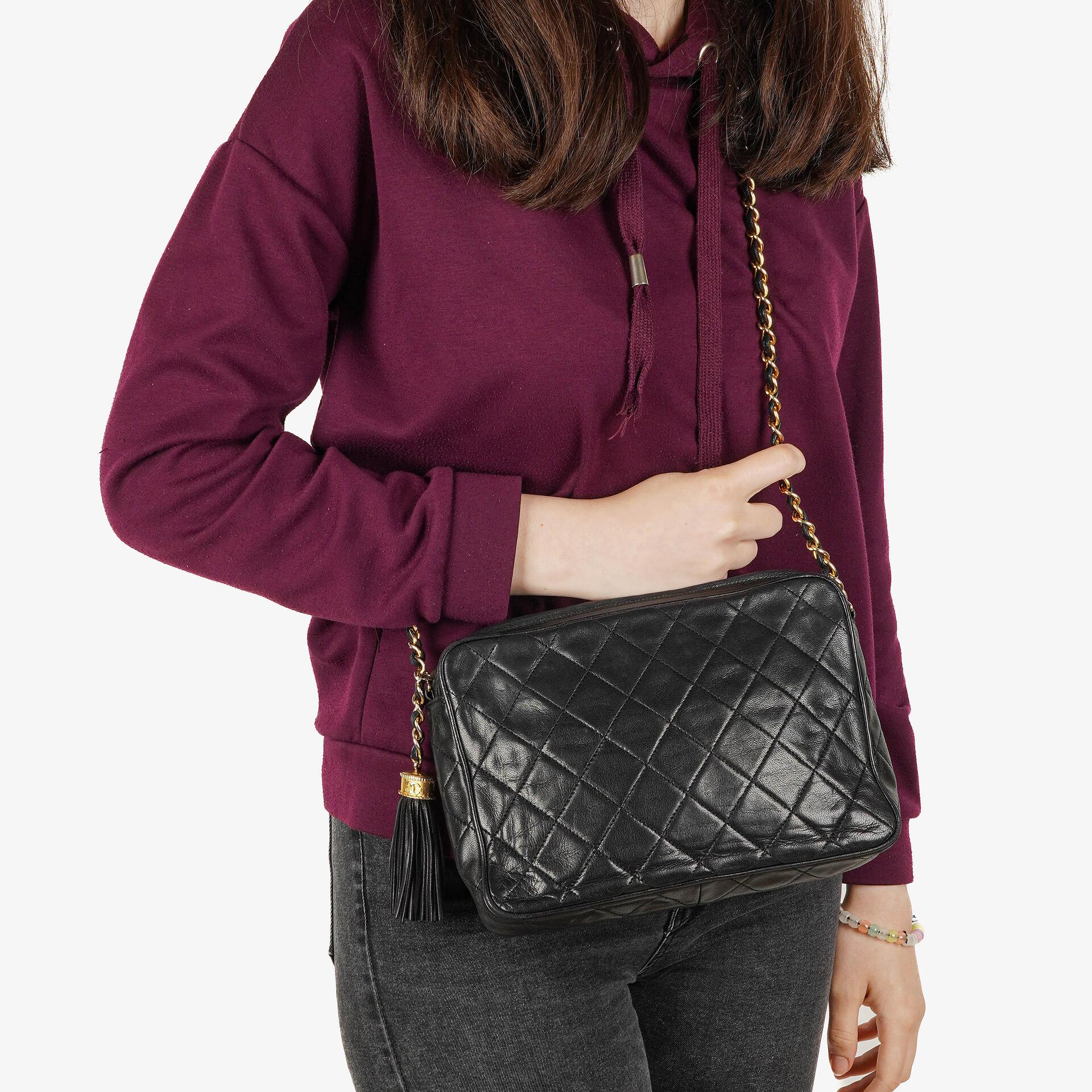 Chanel Vintage Camera Tassel Black Quilted Lambskin Bag