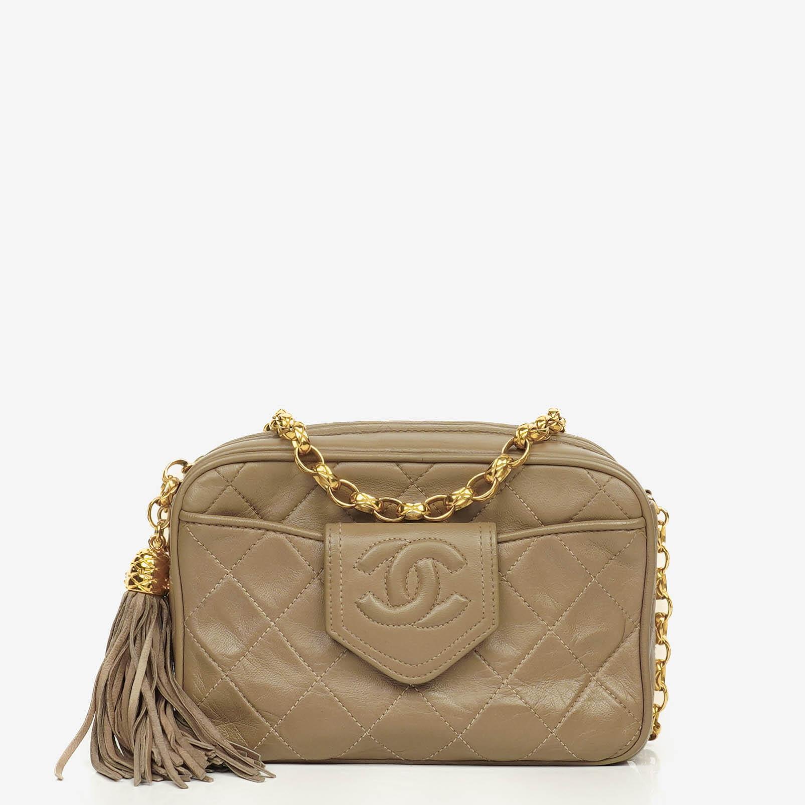 Chanel Vintage CC Beige Quilted Lambskin Camera Tassel Bag