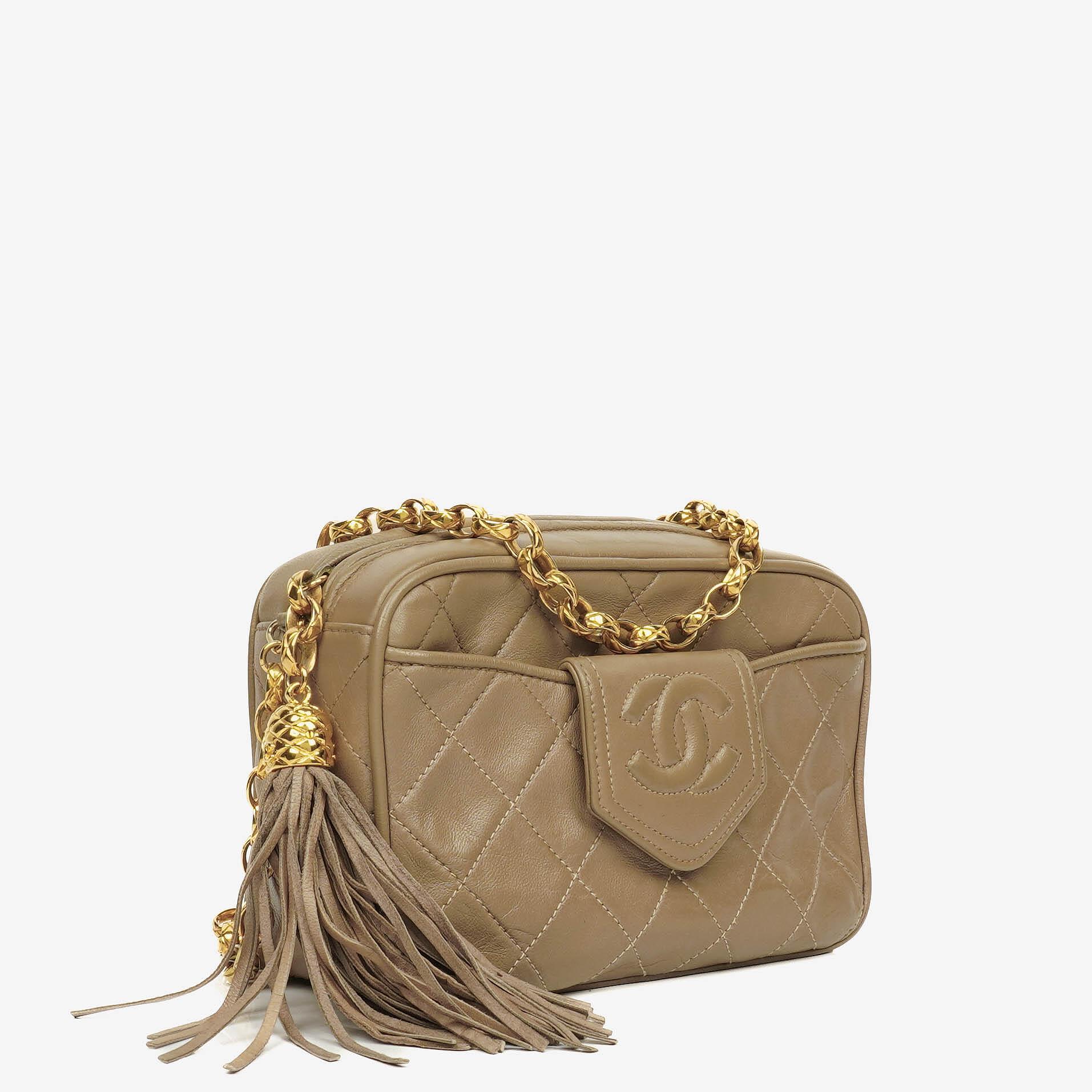 Chanel Vintage CC Beige Quilted Lambskin Camera Tassel Bag