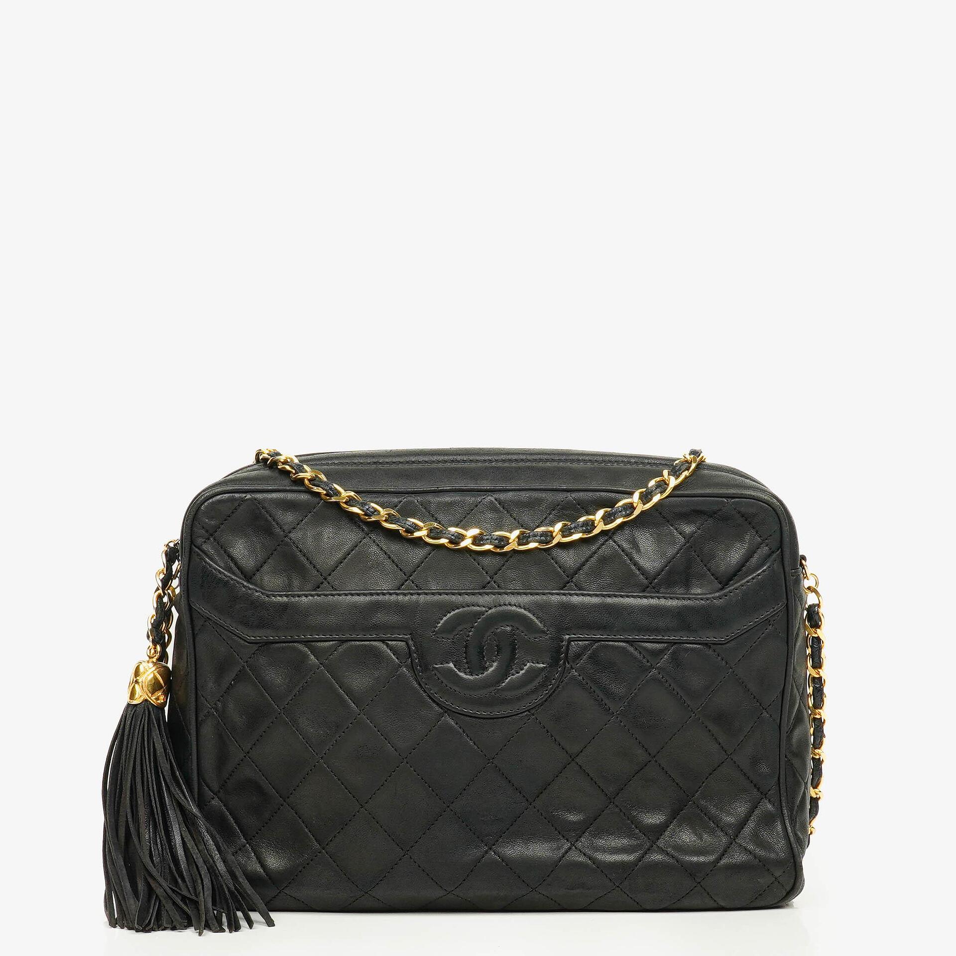 Chanel Vintage CC Black Quilted Lambskin Camera Tassel Bag