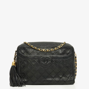 Chanel Vintage CC Black Quilted Lambskin Camera Tassel Bag