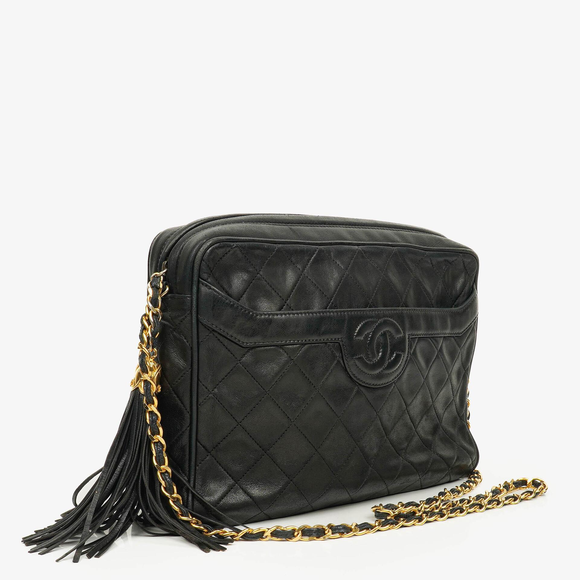 Chanel Vintage CC Black Quilted Lambskin Camera Tassel Bag