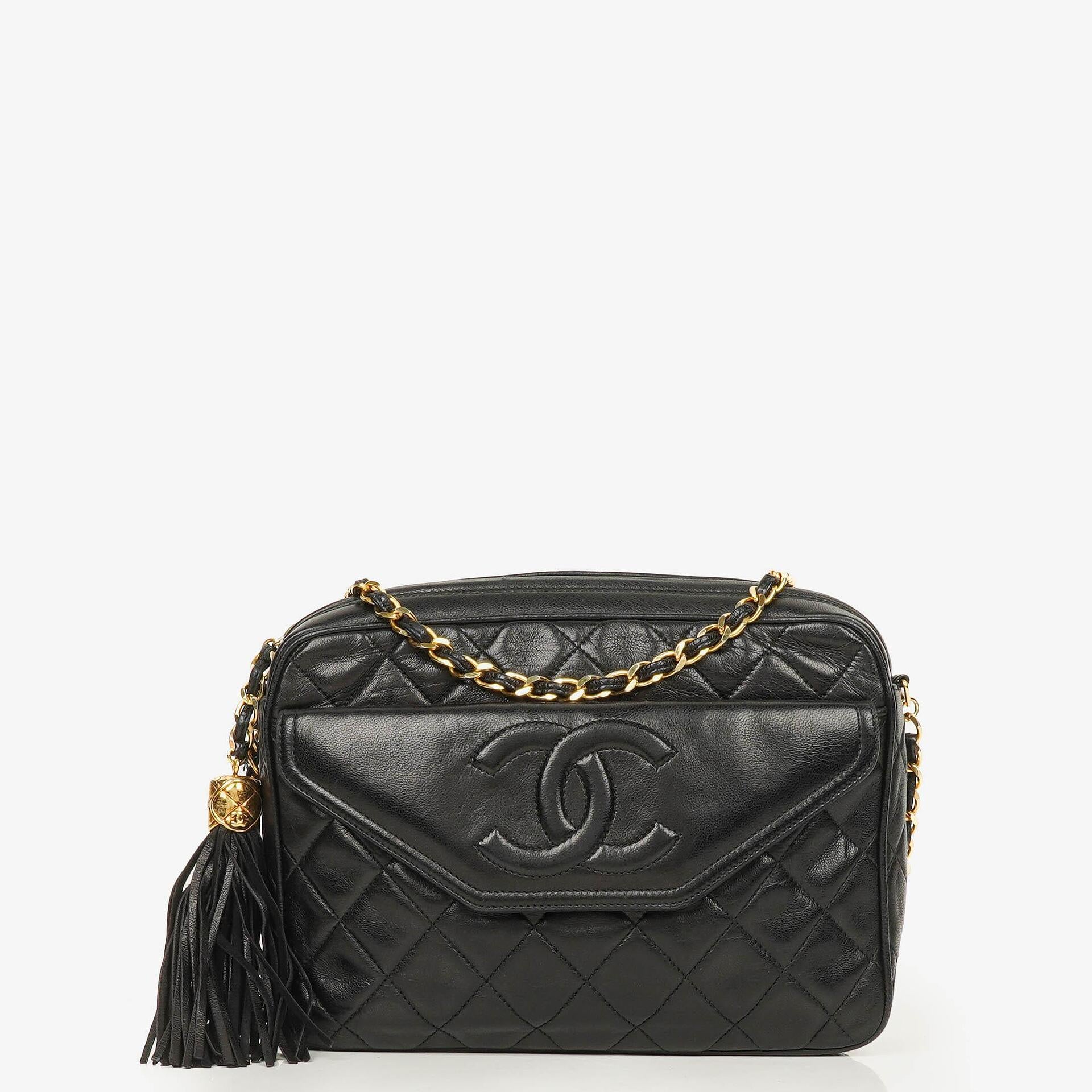 Chanel Vintage CC Black Quilted Lambskin Camera Tassel Bag