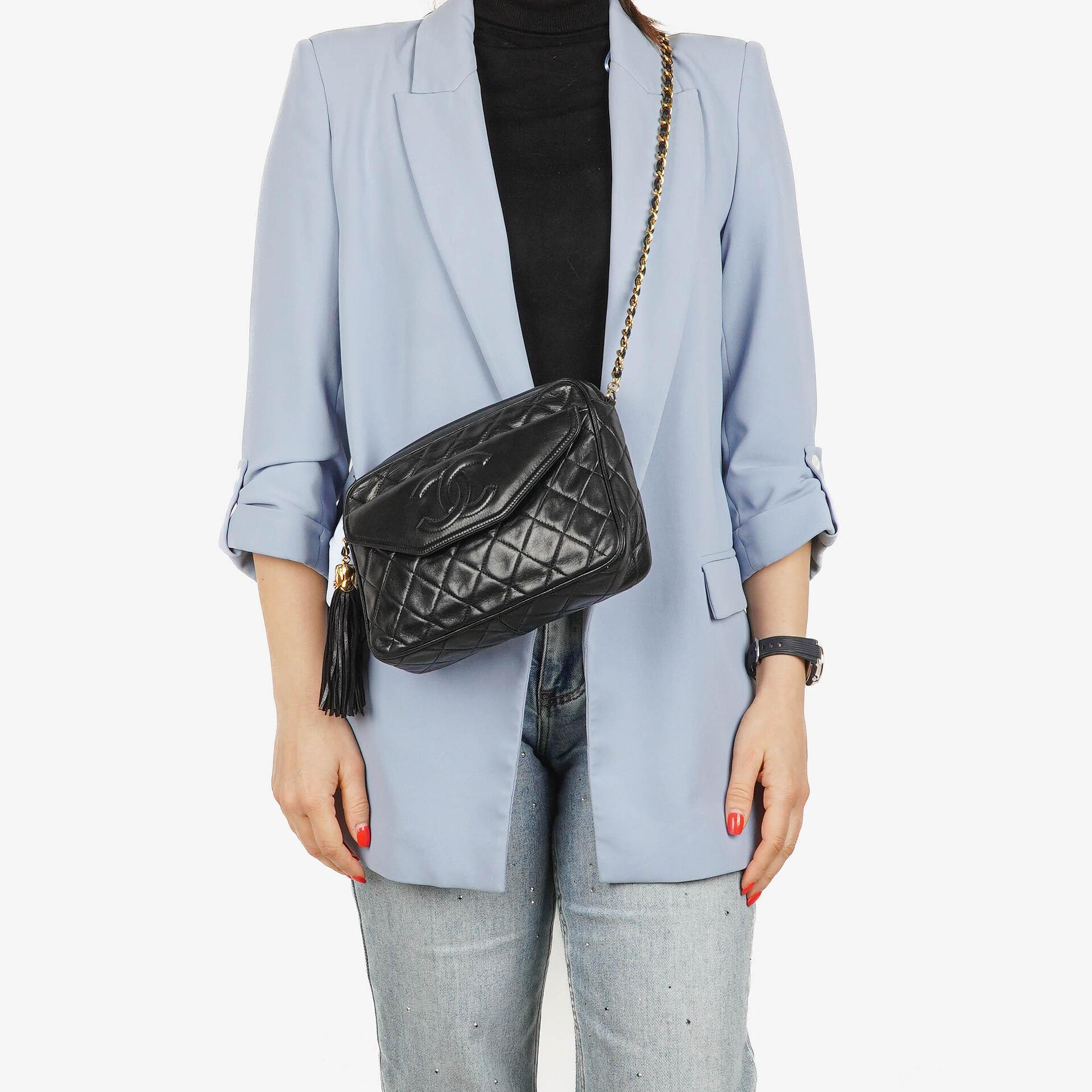Chanel Vintage CC Black Quilted Lambskin Camera Tassel Bag