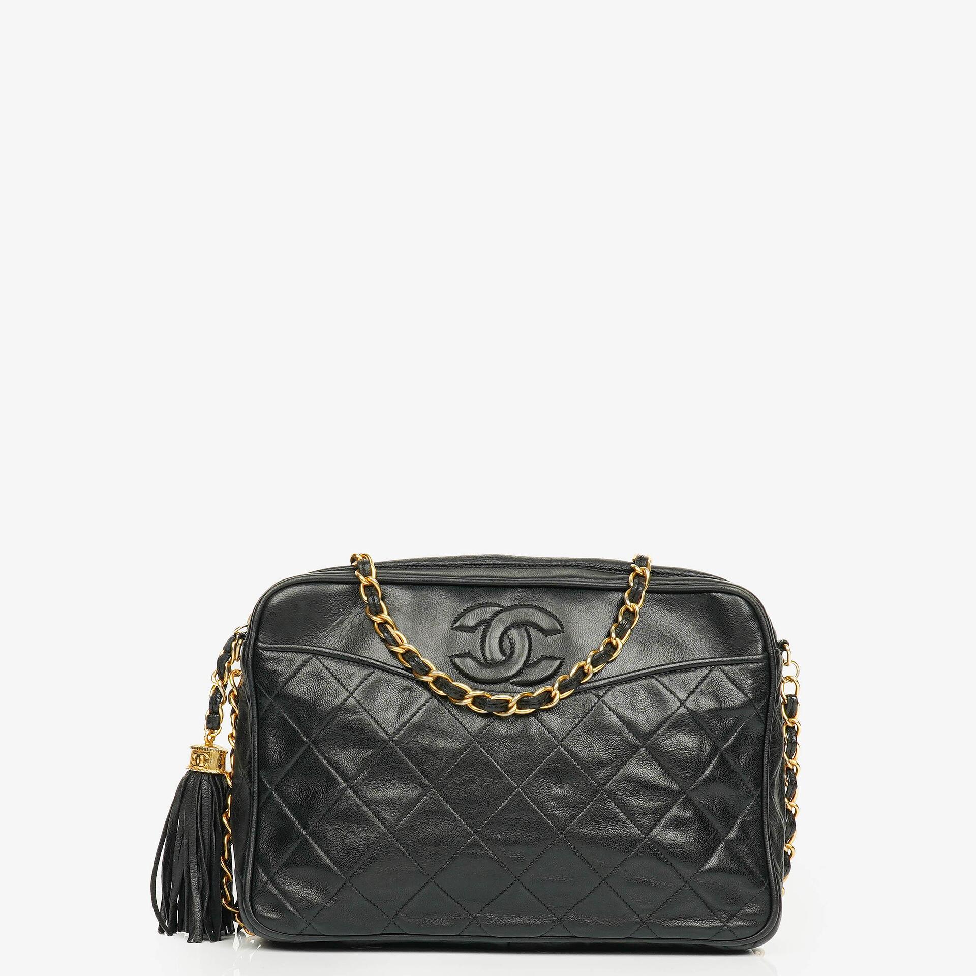 Chanel Vintage CC Black Quilted Lambskin Camera Tassel Bag