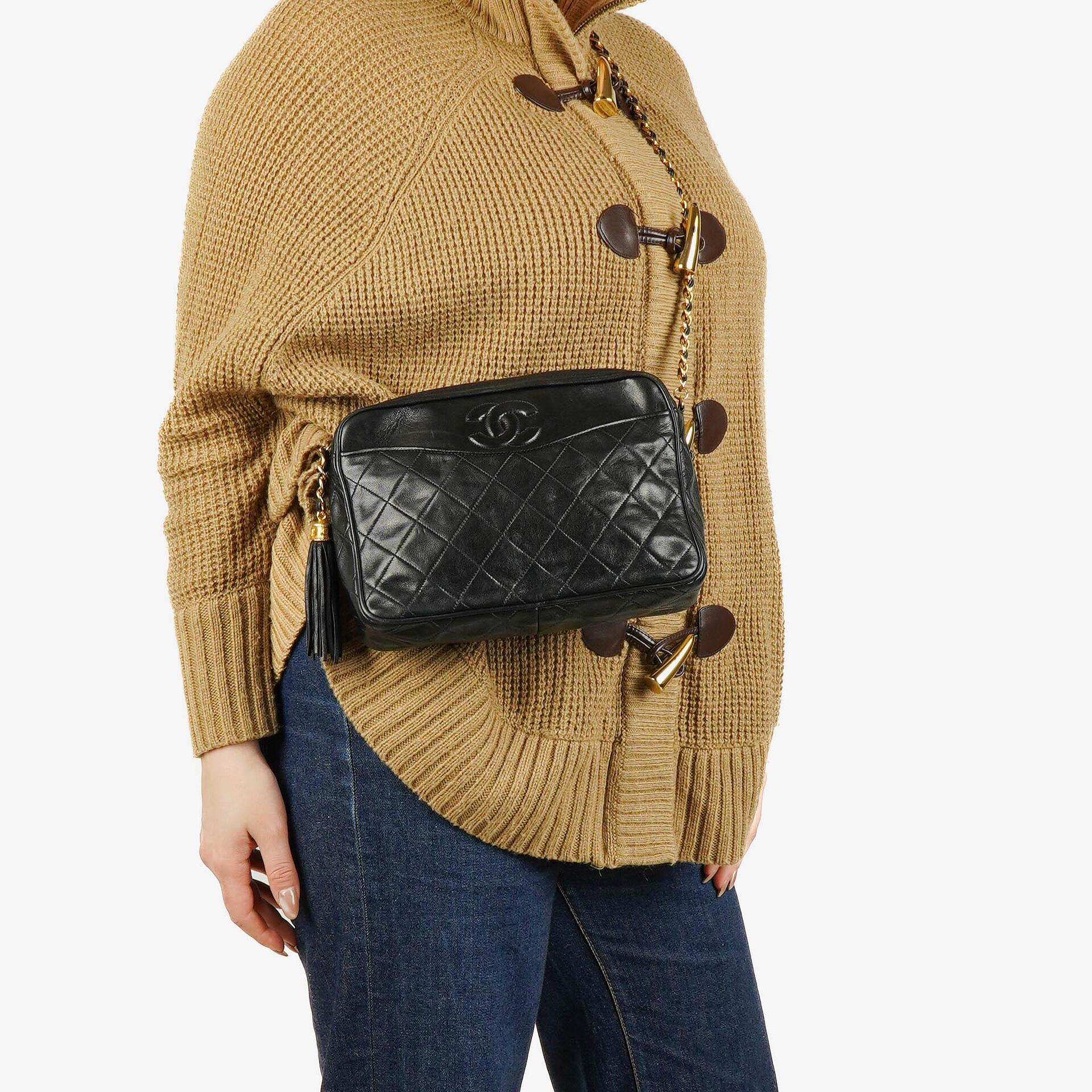 Chanel Vintage CC Black Quilted Lambskin Camera Tassel Bag