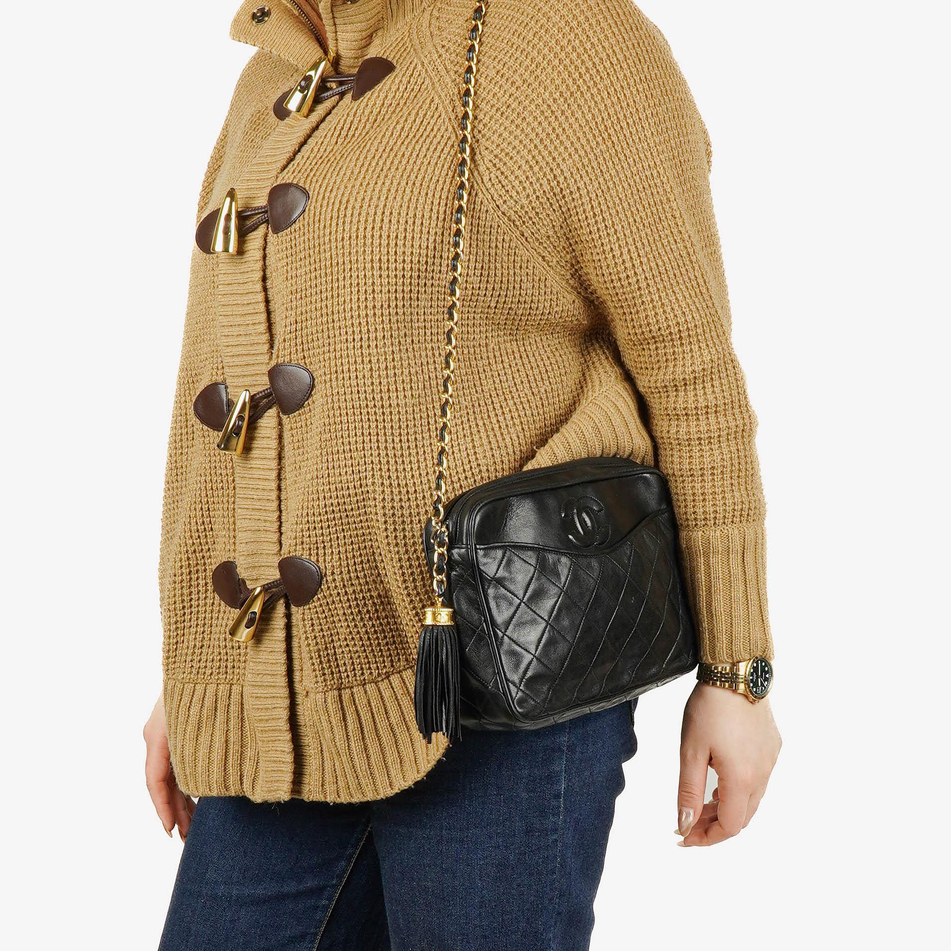 Chanel Vintage CC Black Quilted Lambskin Camera Tassel Bag