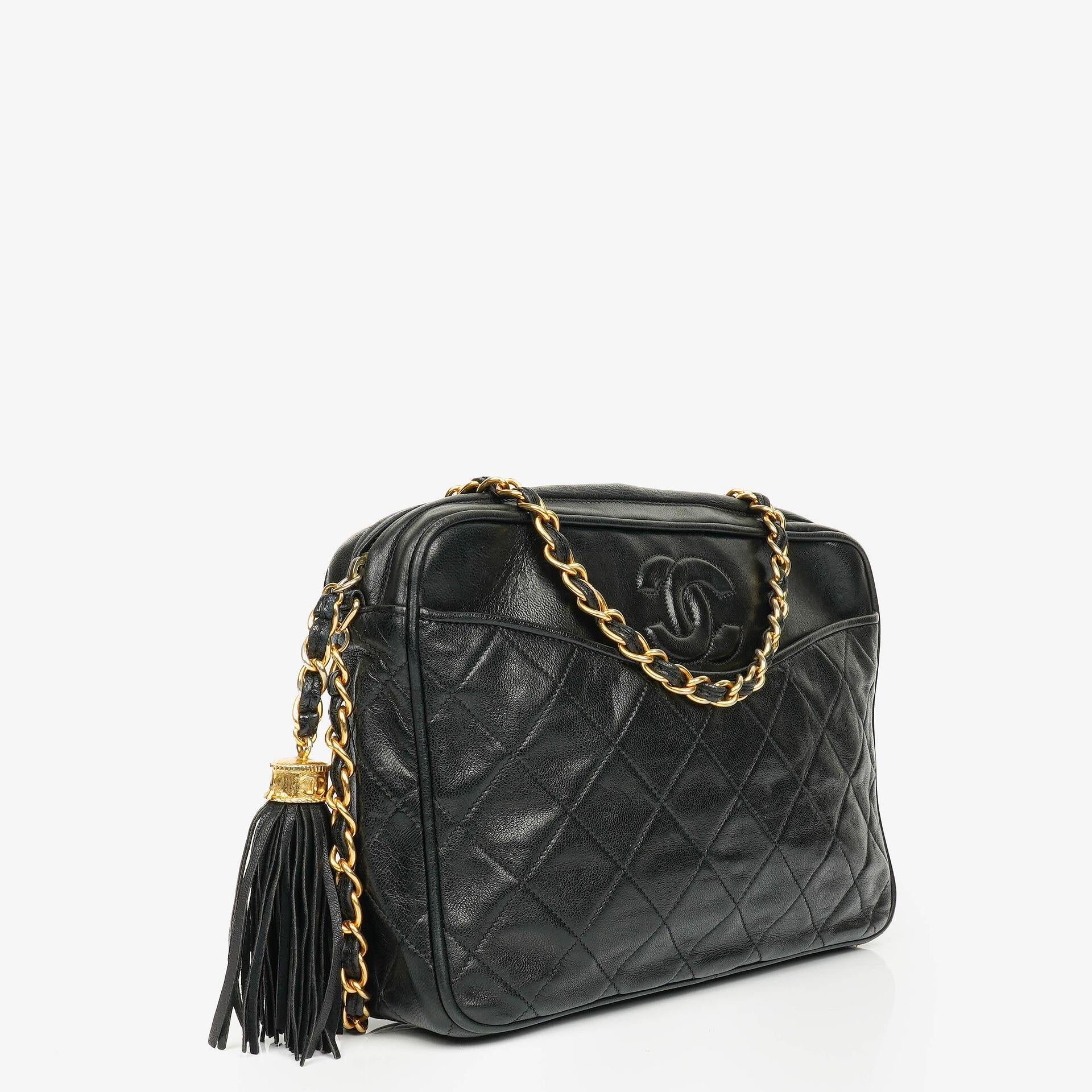 Chanel Vintage CC Black Quilted Lambskin Camera Tassel Bag