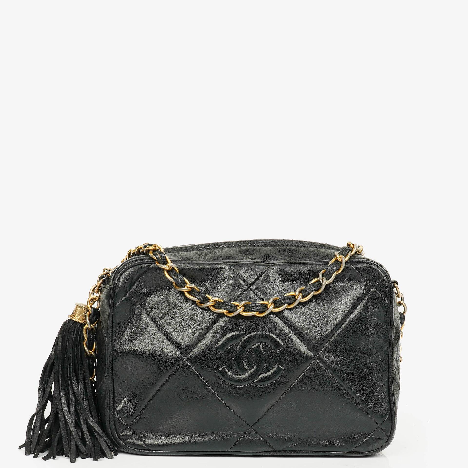 Chanel Vintage CC Black Quilted Lambskin Camera Tassel Bag