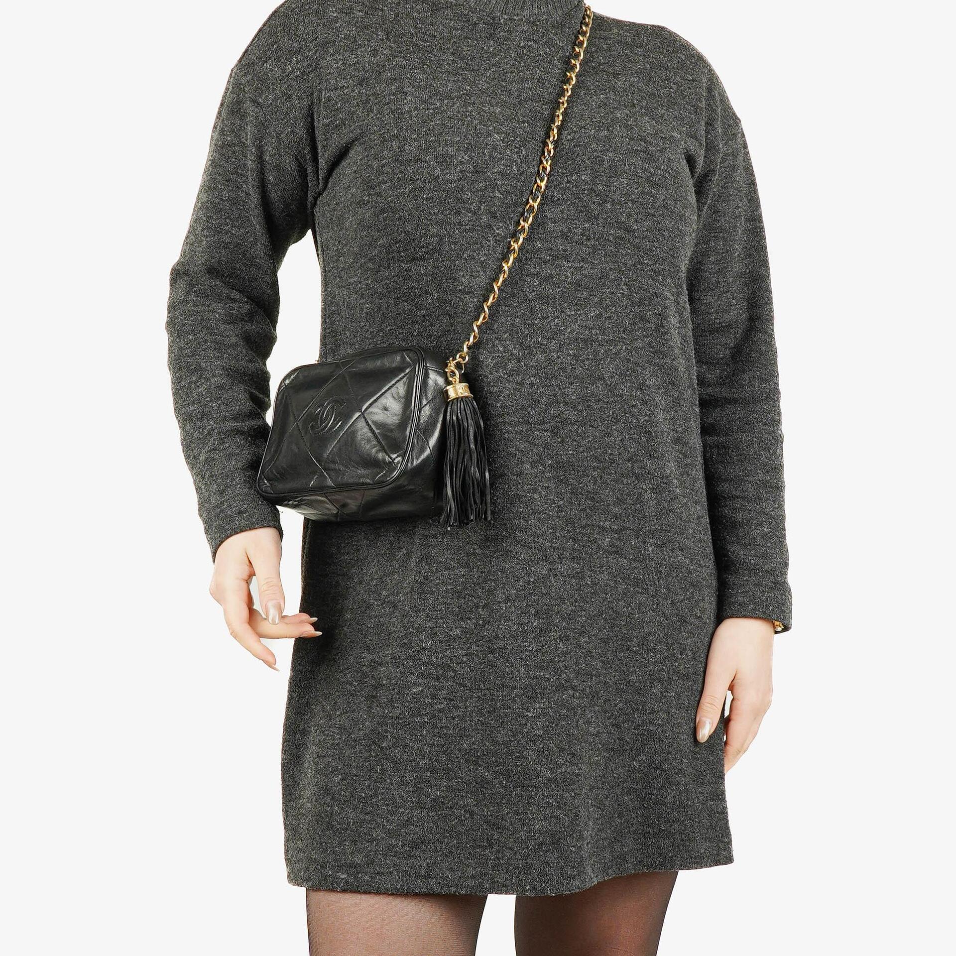 Chanel Vintage CC Black Quilted Lambskin Camera Tassel Bag