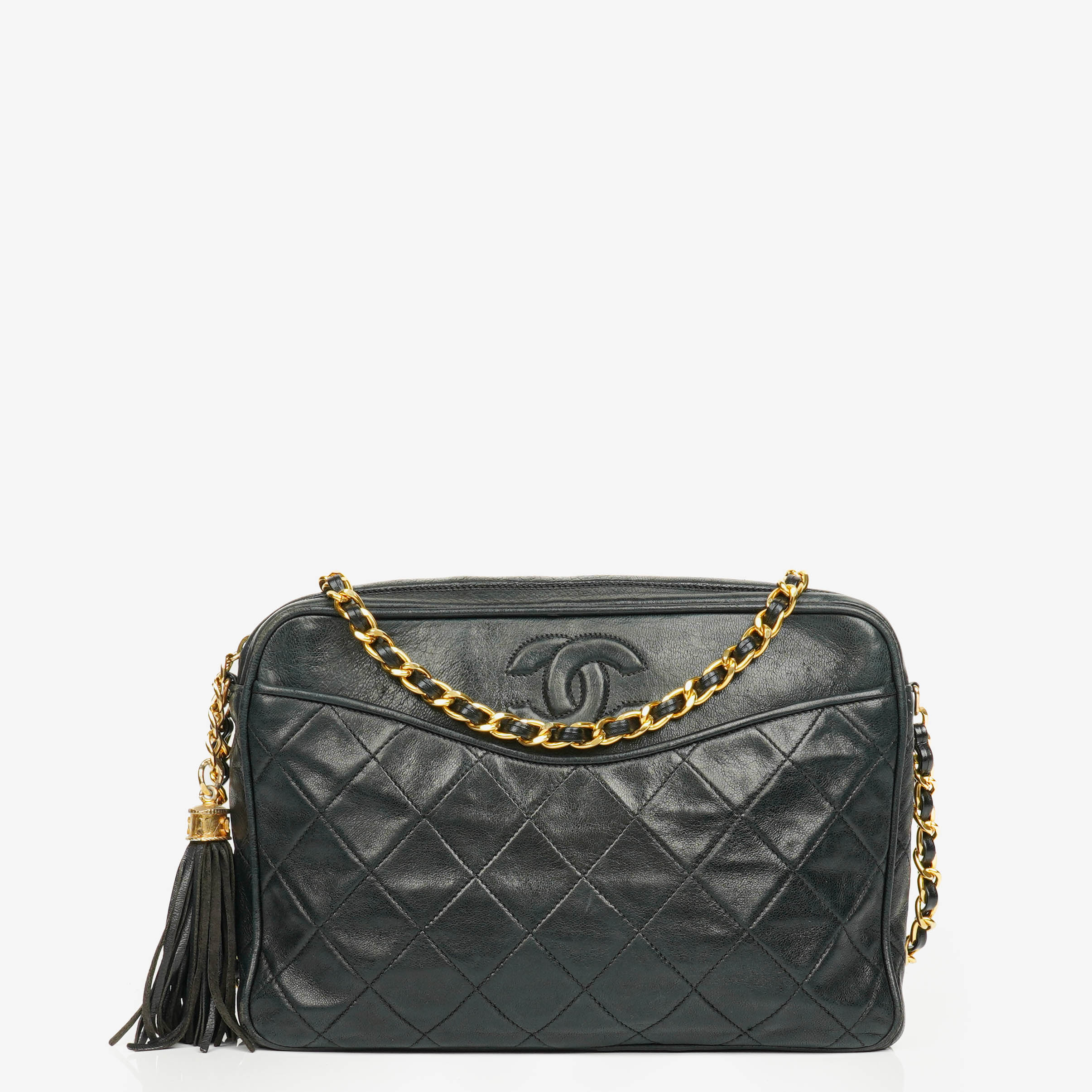Chanel Vintage CC Black Quilted Lambskin Camera Tassel Bag