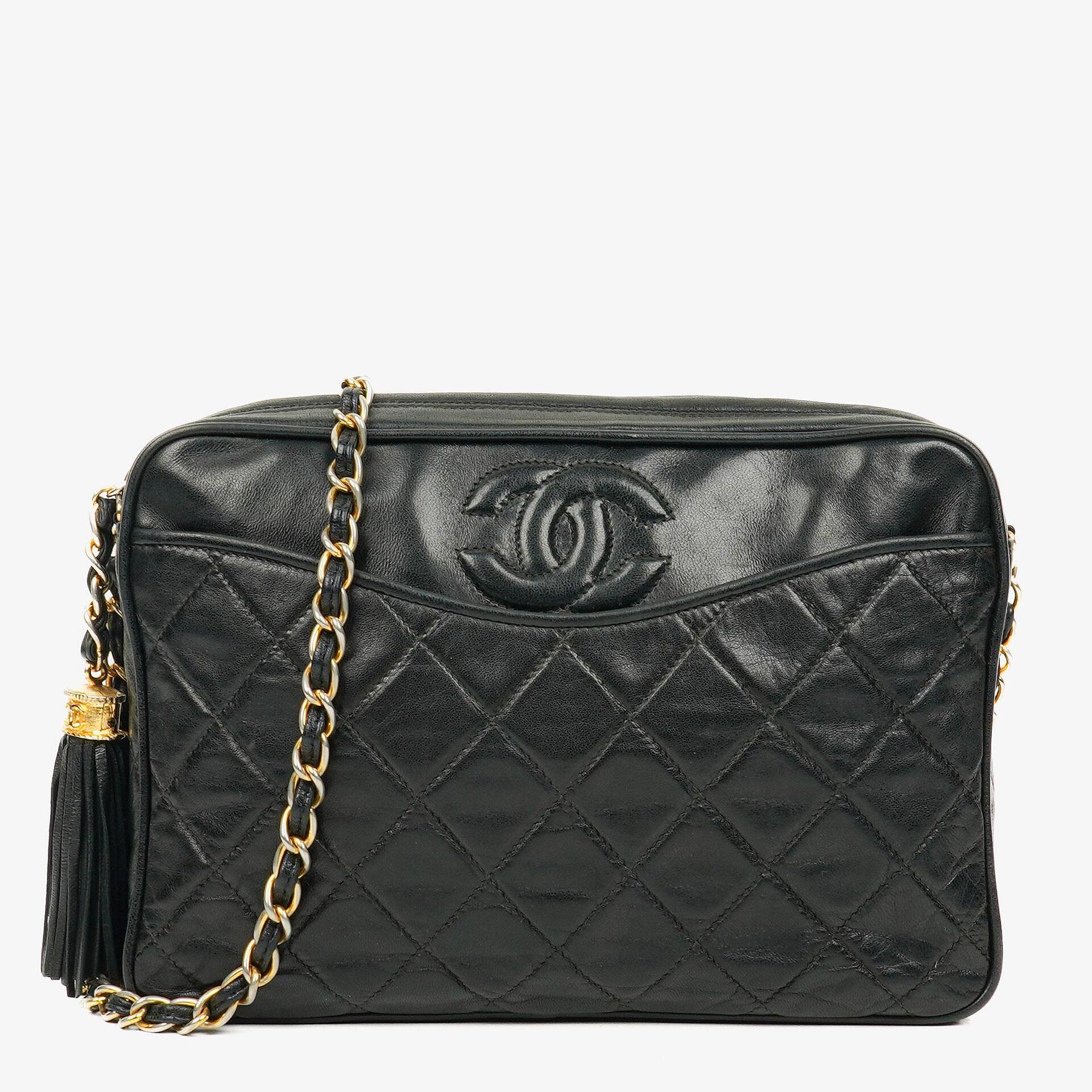 Chanel Vintage CC Black Quilted Lambskin Camera Tassel Bag