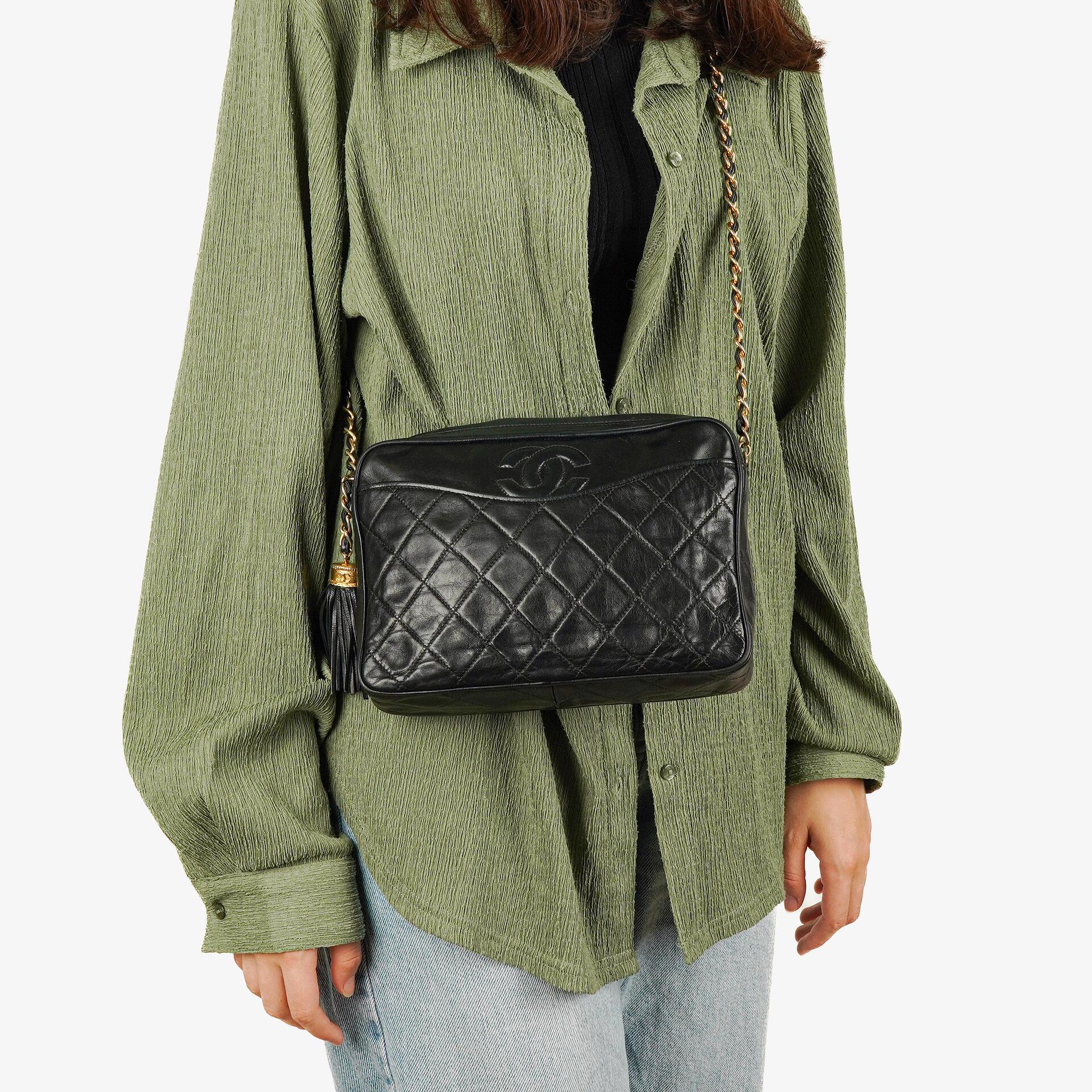Chanel Vintage CC Black Quilted Lambskin Camera Tassel Bag
