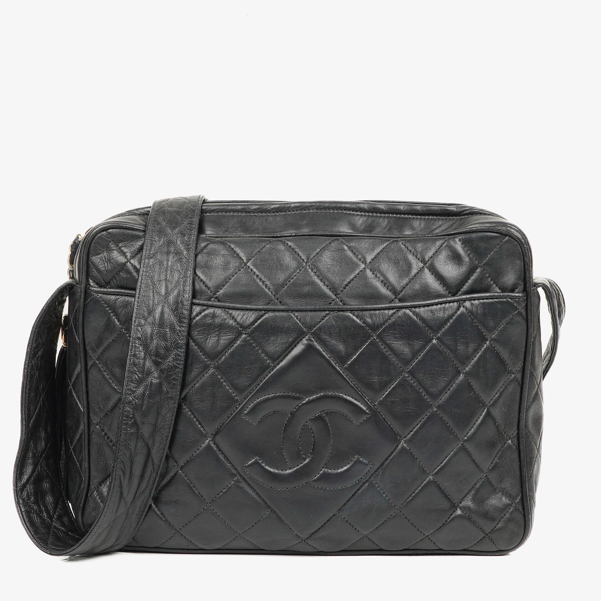 Chanel Vintage CC Black Quilted Lambskin Large Camera Tassel Bag