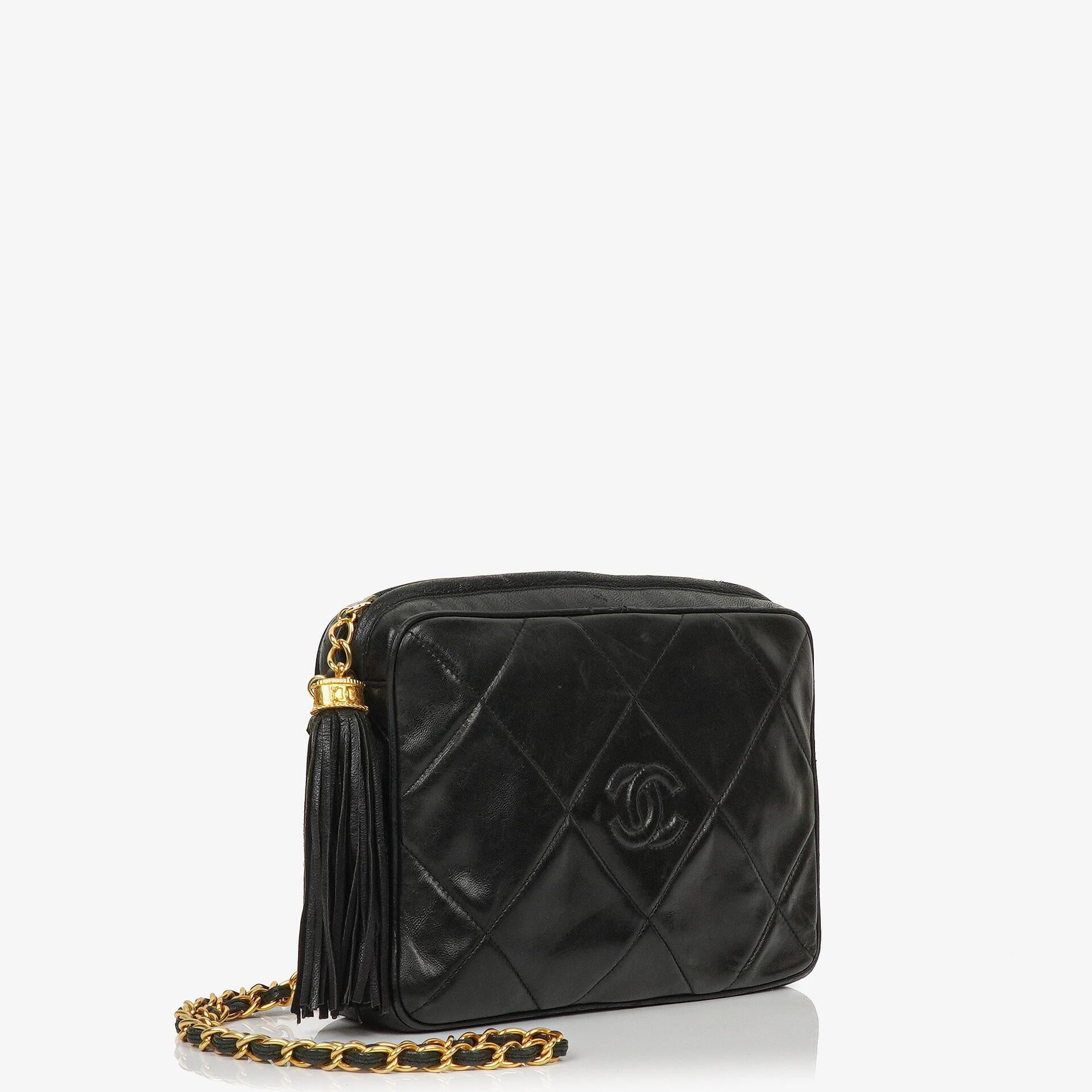 Chanel Vintage CC Black Quilted Lambskin Medium Camera Tassel Shoulder Bag